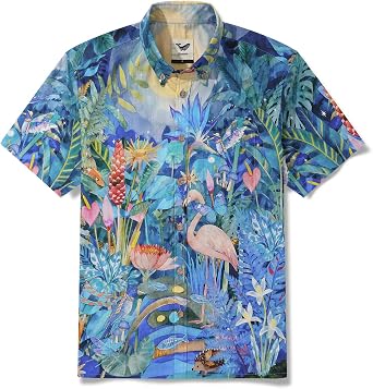 Flamingos Mens Hawaiian Shirt Short Sleeve Button-Down 100% Cotton Blue Aloha Magical Jungle Adventure