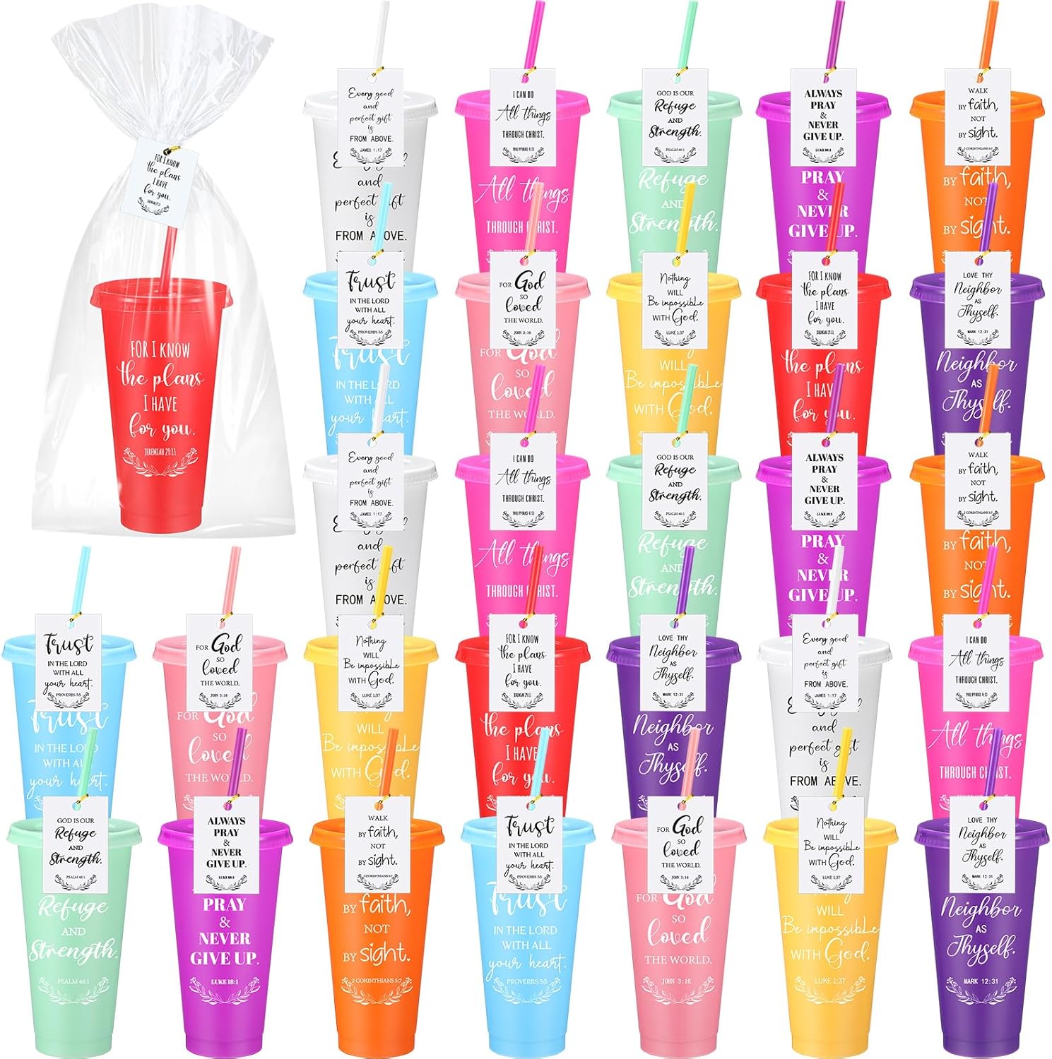 Skylety 40 Sets Valentine Christian Cups Bulk 24oz Bible Verse Plastic Tumbler with Lids Straws Religious Church Gift for Easter VBS Sunday School Party Employee Appreciation Mother (Multicolor)