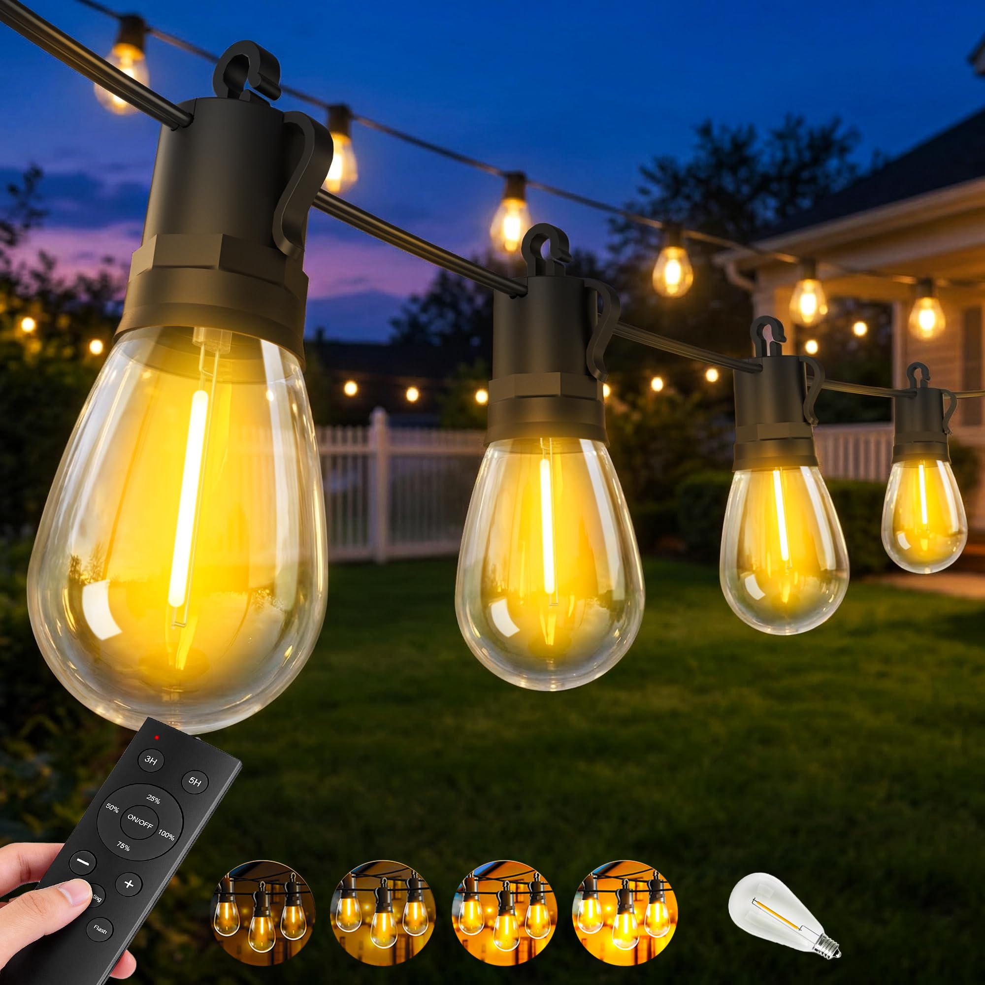 Outdoor-Festoon-Lights-Mains-Powered-String-Light-100ft-30m S14 30+2 LED Bulbs Garden String Lighting Outside Dimmable with Remote Connectable IP65 Waterproof for Patio Gazebo Pergola Backyard Party