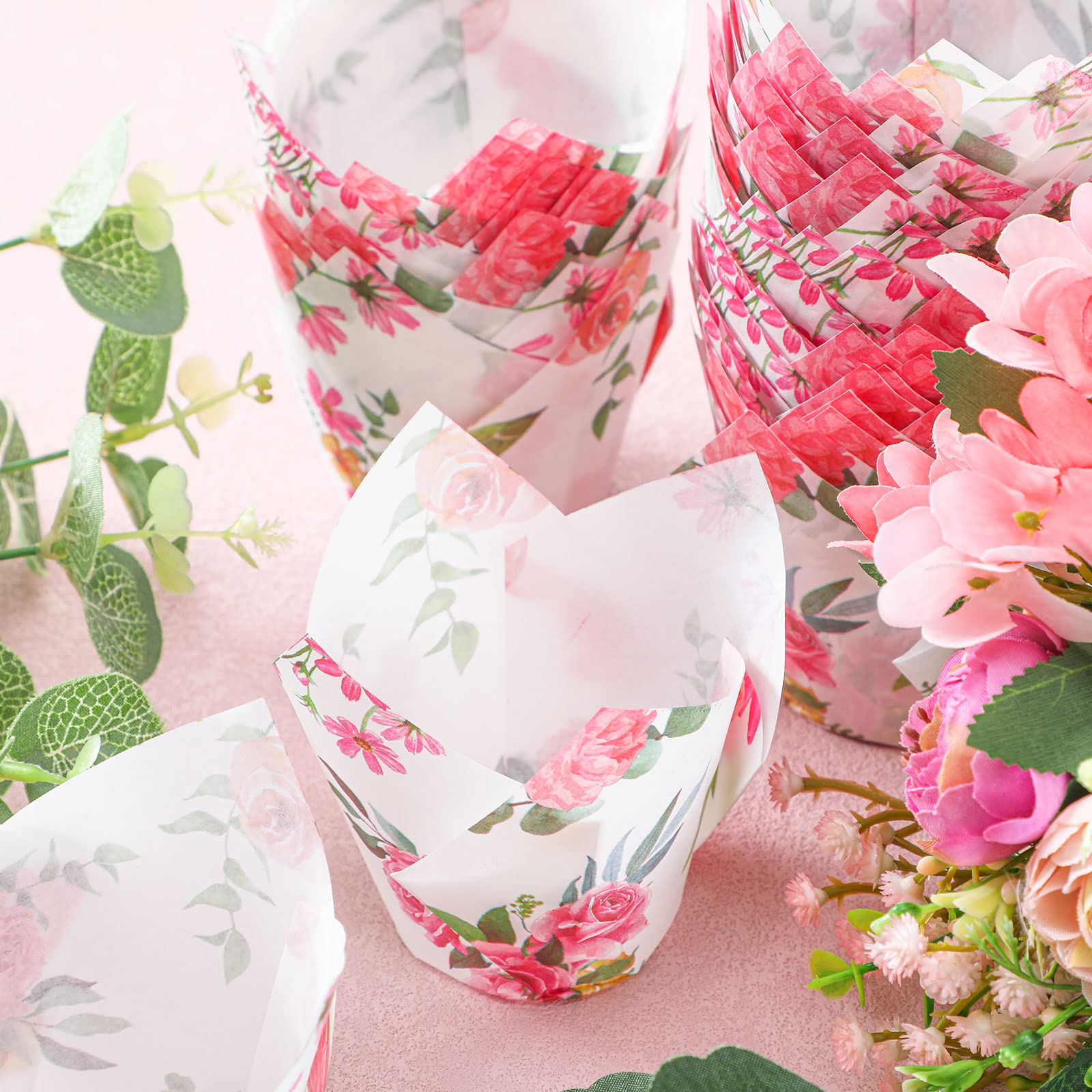 Funtery 200 Stück Rosa Blume Tulpe Cupcake Wrappers Liner Tulpe zum Backen Blumen Liner Mini Cupcake Backen Rustikale Geburtstag Party Dekoration für Brautdusche Hochzeit Festival Party