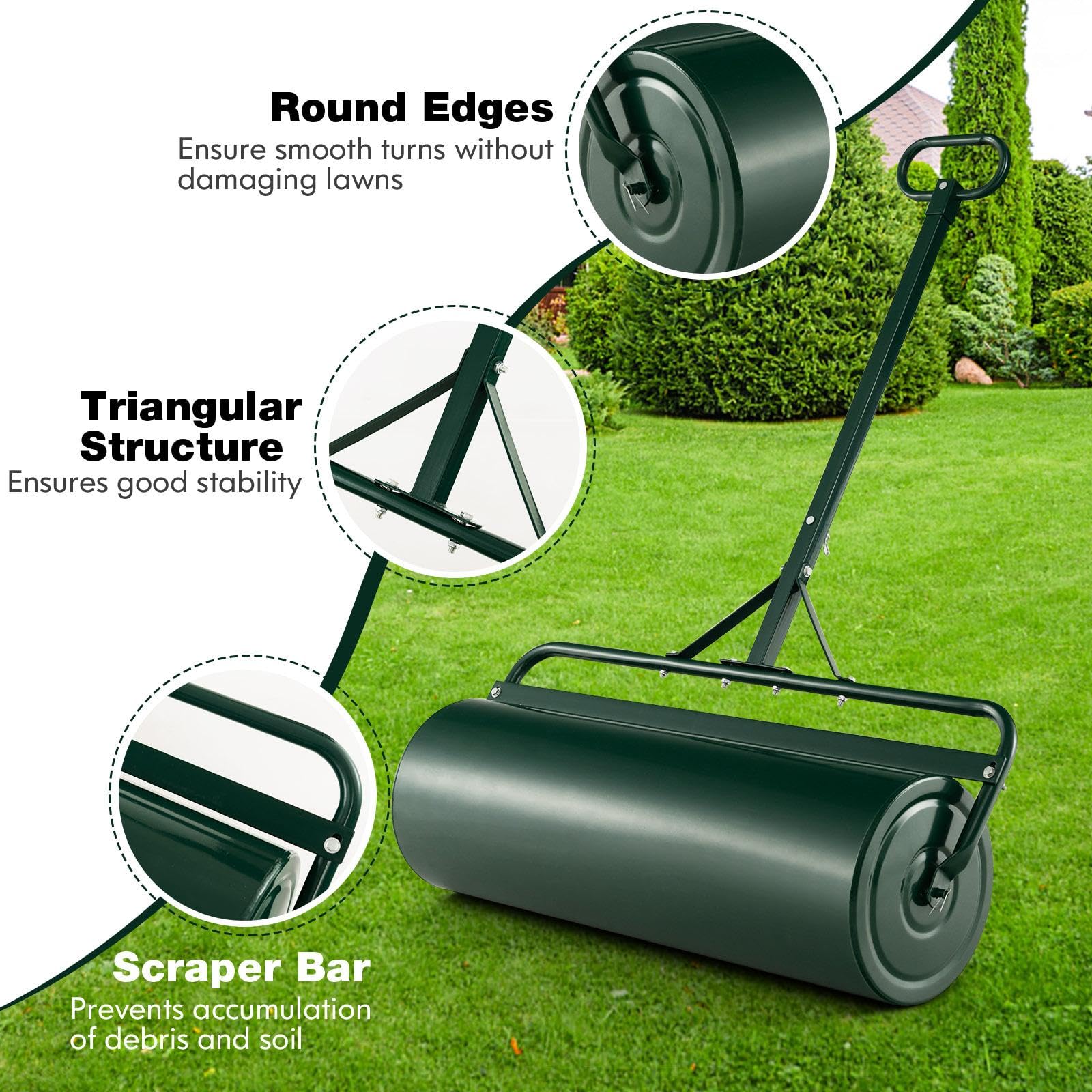 SOARS Rasenwalze befüllbar 113L, Ø40cm Handwalze, Rasenroller mit U-Griff & abnehmbarem Ablassstopfen, Gartenwalze Schwerlasttrommel für Boden, Wiese, Ebenen (Grün-113L)
