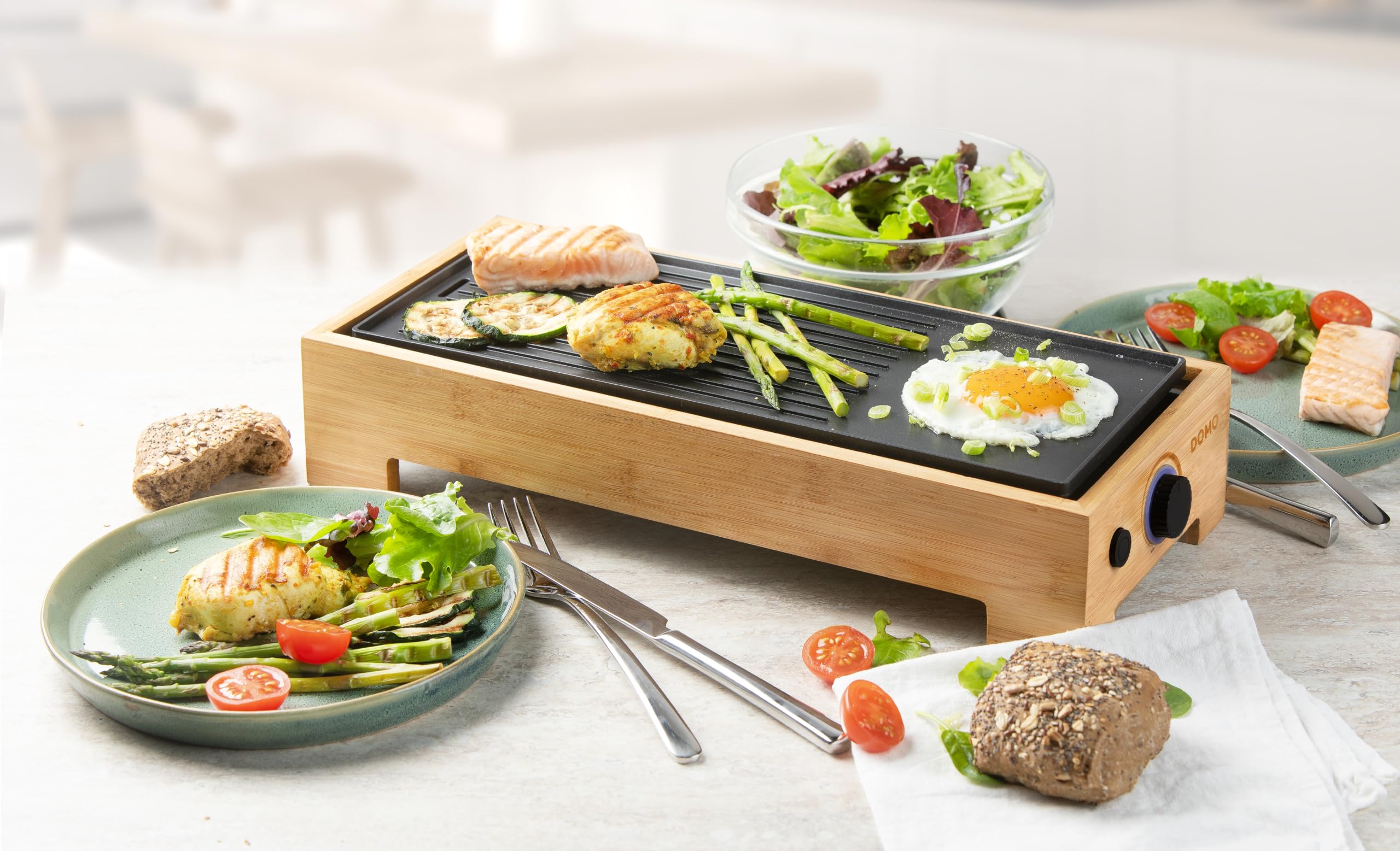 DOMO DO9270G Plancha Grill Bamboo Style 'Just Us' – wygląd drewna – powłoka bez PFAS – 1000 W