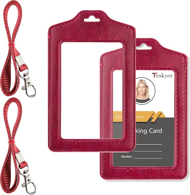 Teskyer 2 Pack of Double Sided Clear Badge Holder with Lanyard, PU Leather ID Badge Name Card Holder with Stainless Steel J-Hook Nylon Lanyard for Work ID, School ID, Metro Card, Red Wine