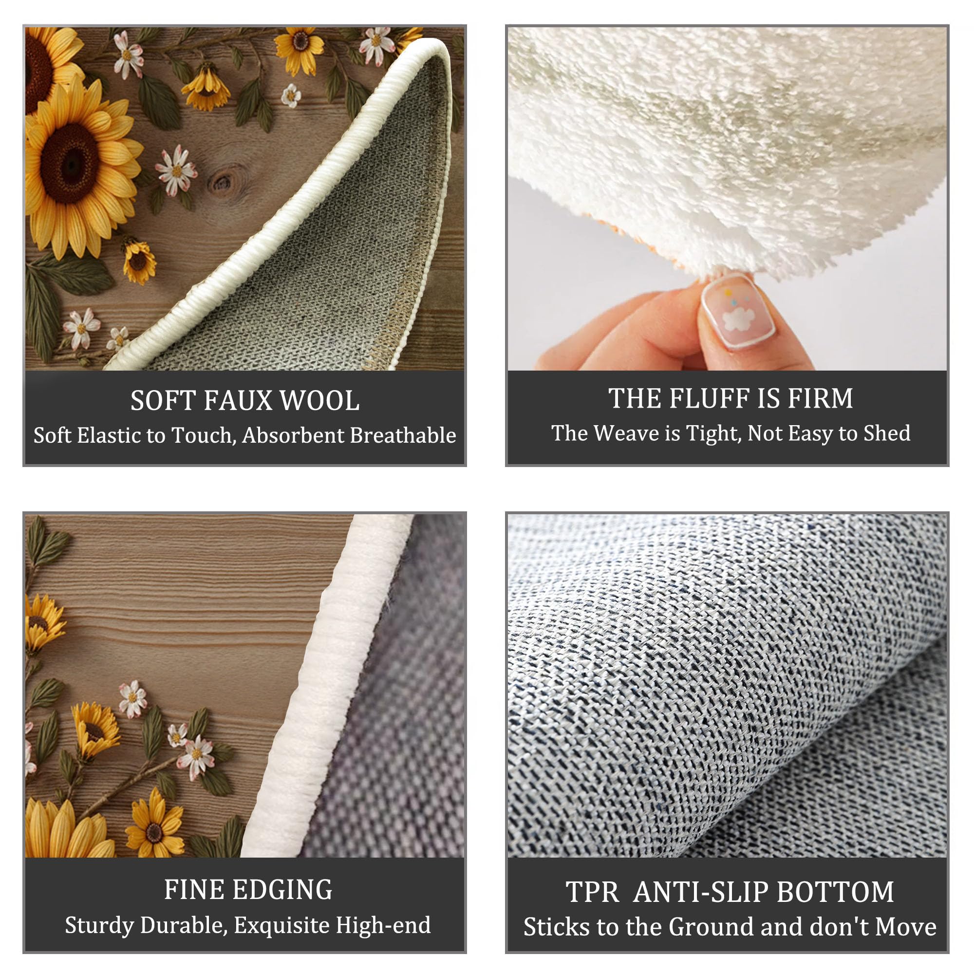 Landhausstil Waschbarer Runder Teppich 150cm, Pflegeleicht rutschfest Natürlich Sonnenblumen Holzmaserung Teppich, Kurzflor Gelb Teppiche für Schlafzimmer Badezimmer Eingangsbereich Kinderzimmer