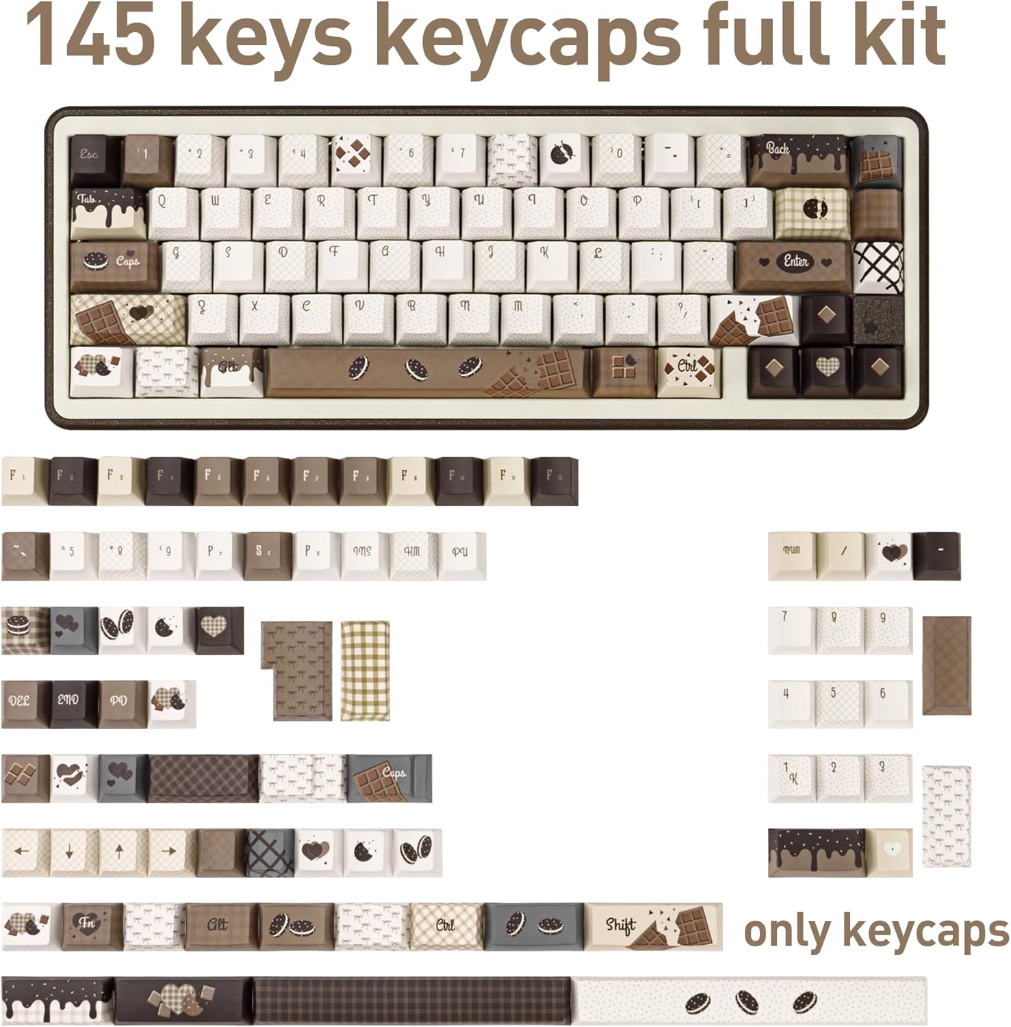 PBT Keycaps, Chocolate Cookie Theme Cherry Profile, 145 Keys Cute Custom Keycaps for Cherry Gateron MX Swithes Mechanical Keyboards (Brown)