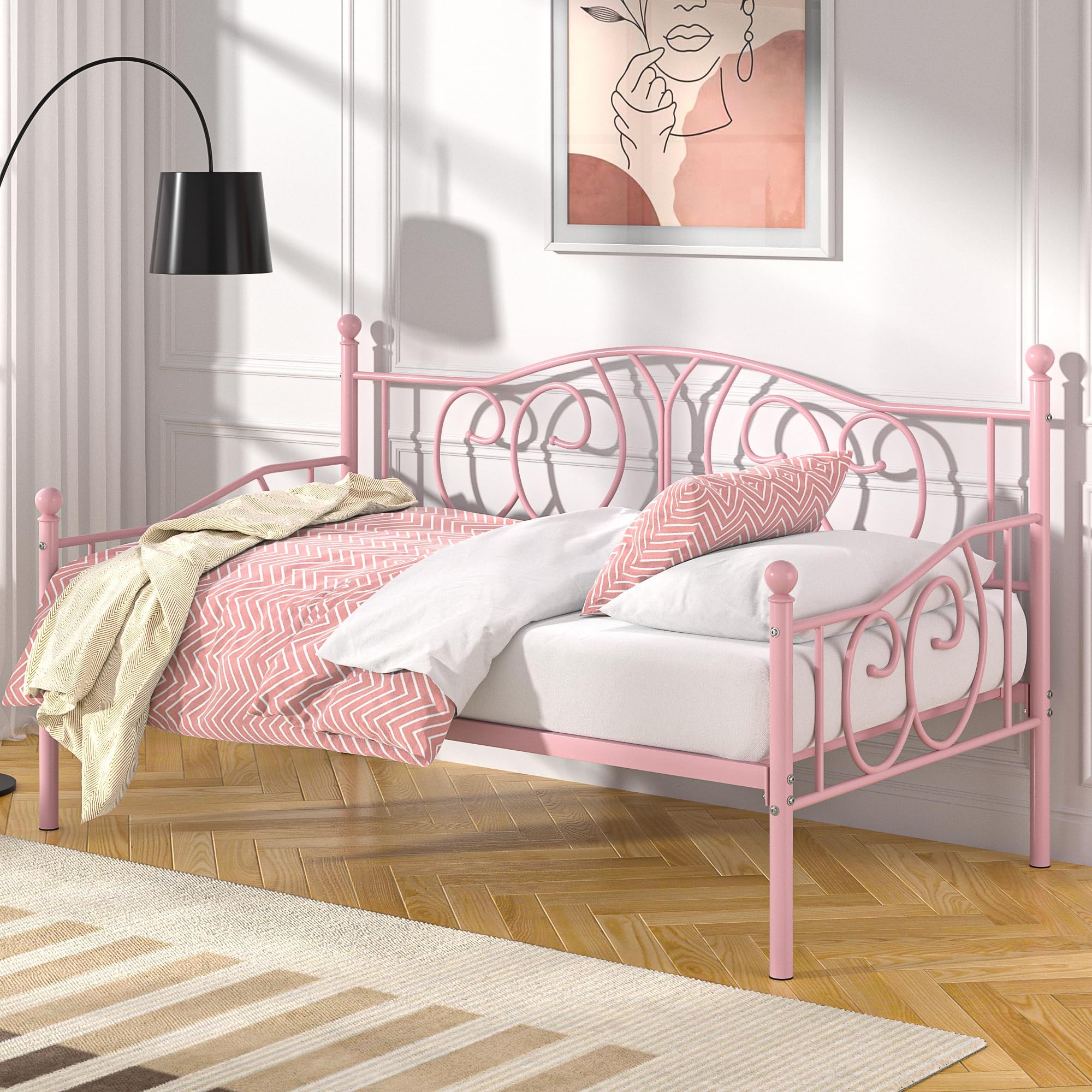 VECELO Metal Daybed Frame Multifunctional Platform Bed Sofa Mattress Foundation with Classic Headboard, Twin, Pink