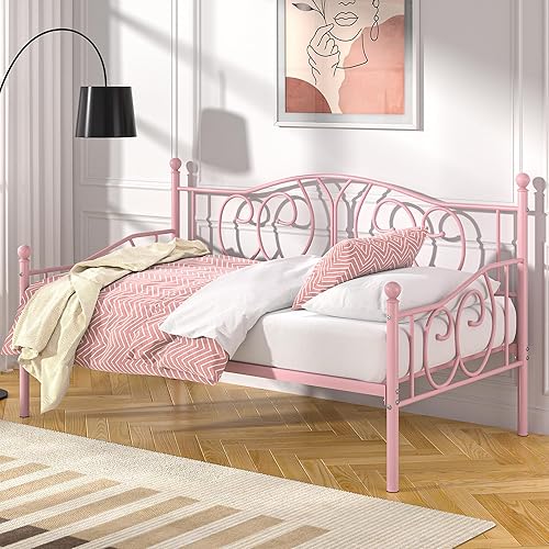 VECELO Twin Daybed Frame, Metal Day Bed with Classic Headboard, Multifunctional Platform Beds for Bedroom, Living Room, Guest Room, No Boxing Spring Needed, Pink