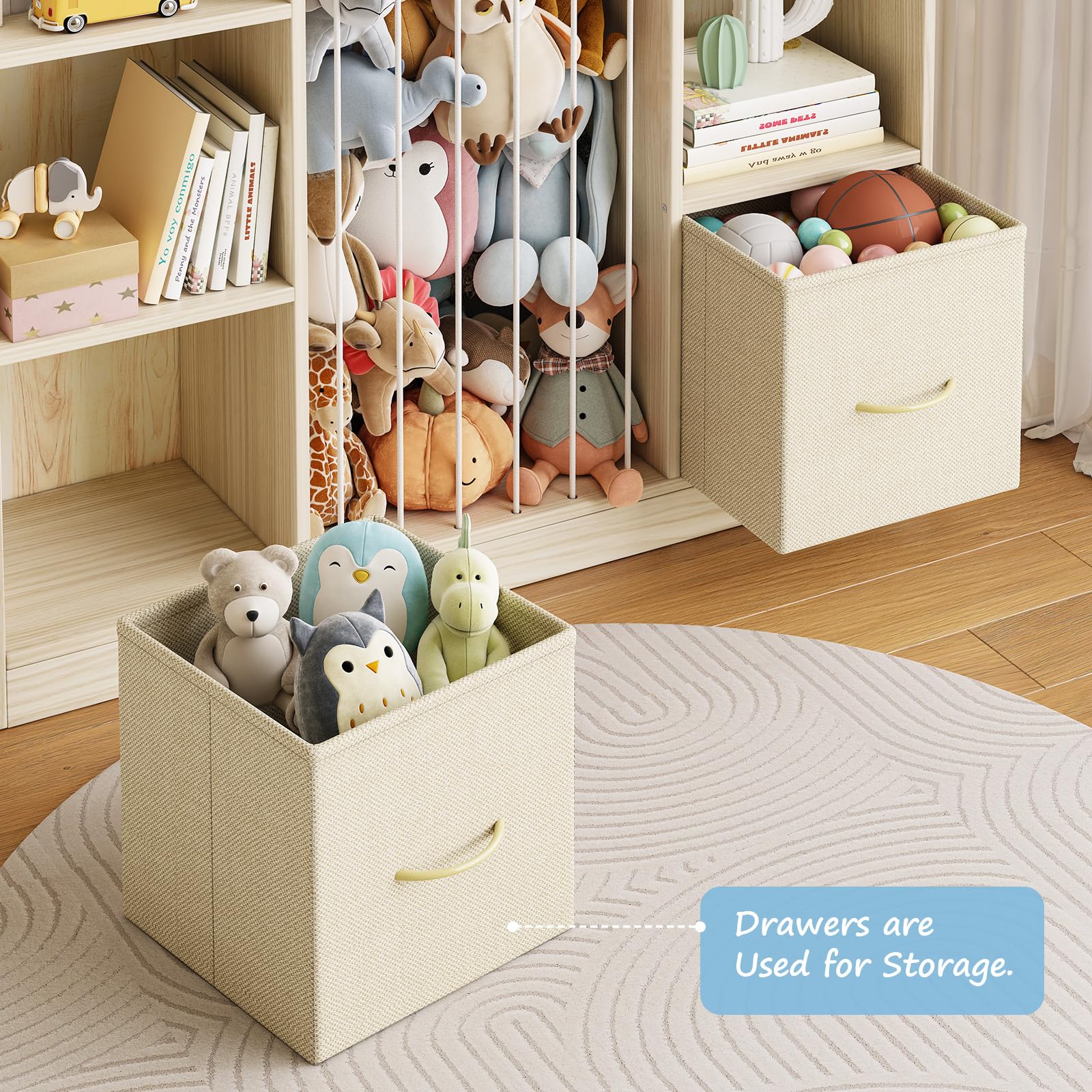 Organizer per giocattoli con contenitore per peluche, organizer per giocattoli in legno e animali di peluche, 6 scaffali a cubo con cassetti rimovibili, libreria 4 in 1 per la cameretta dei bambini