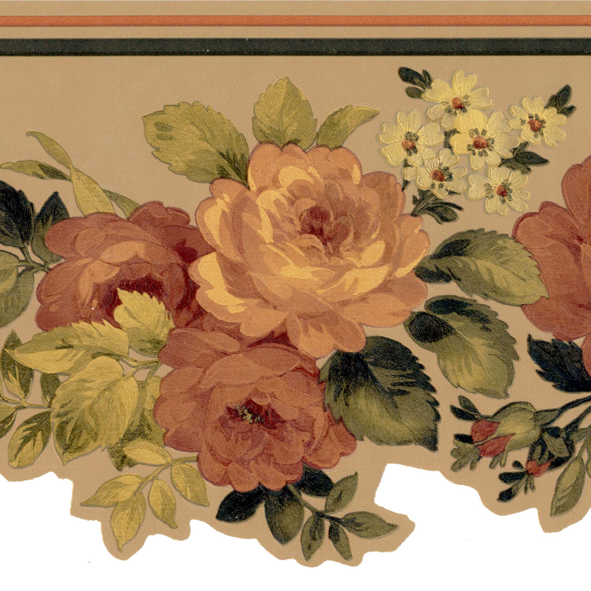 Bordure papier peint bord découpé feuilles de roses marron vert