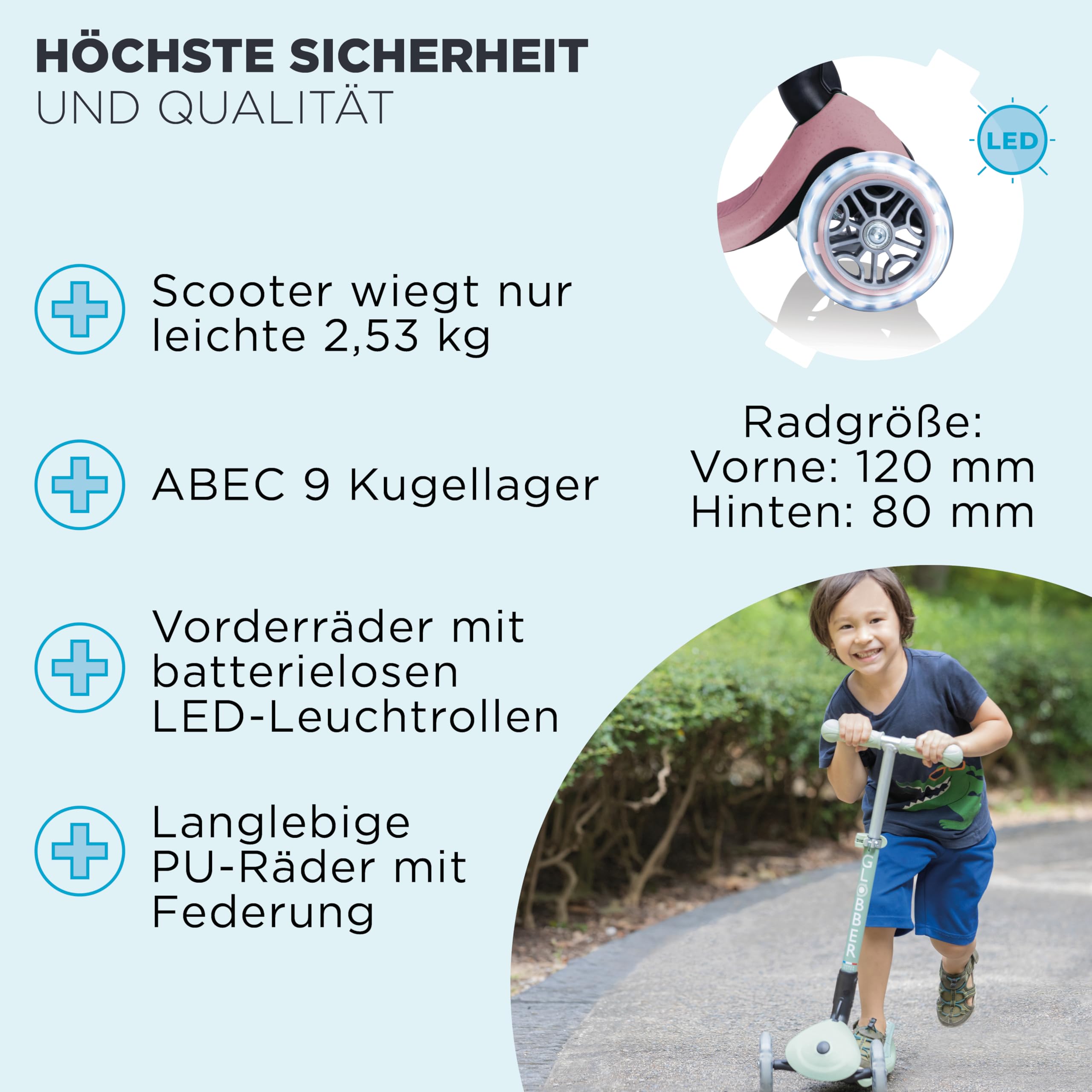 GLOBBER JUNIOR Foldable Lights ECO - Tretroller, 120/80 mm, ABEC 9, 3-rädrig, LED-Leuchtrollen