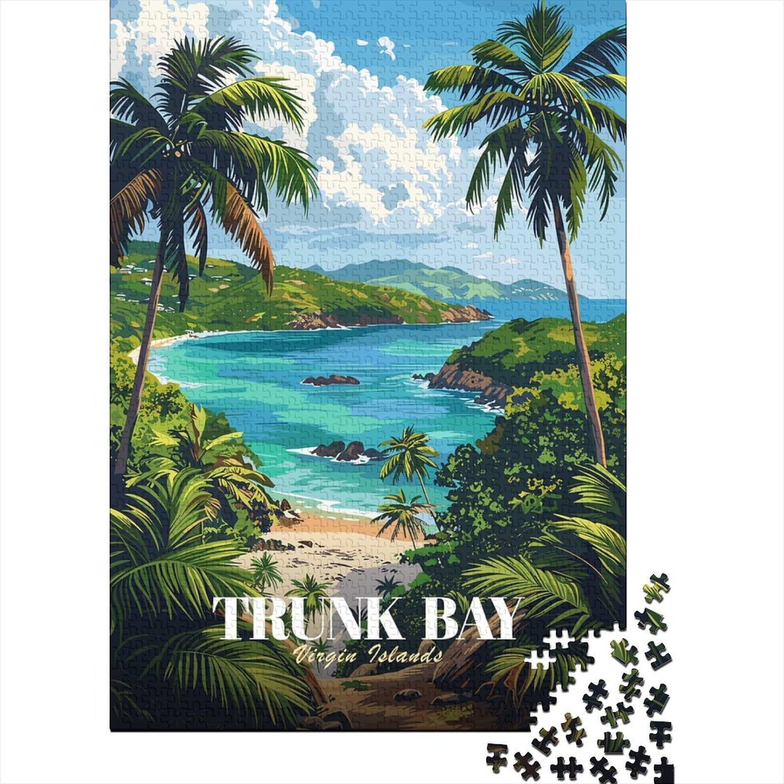 Trunk Bay, Virgin Islands Illustration Adult Paper Puzzle, Famous Building Scenic Print, Premium Paper Puzzle for Puzzle Lovers, Birthday Gift, Weekend Hobby, 70x50cm/1000pcs