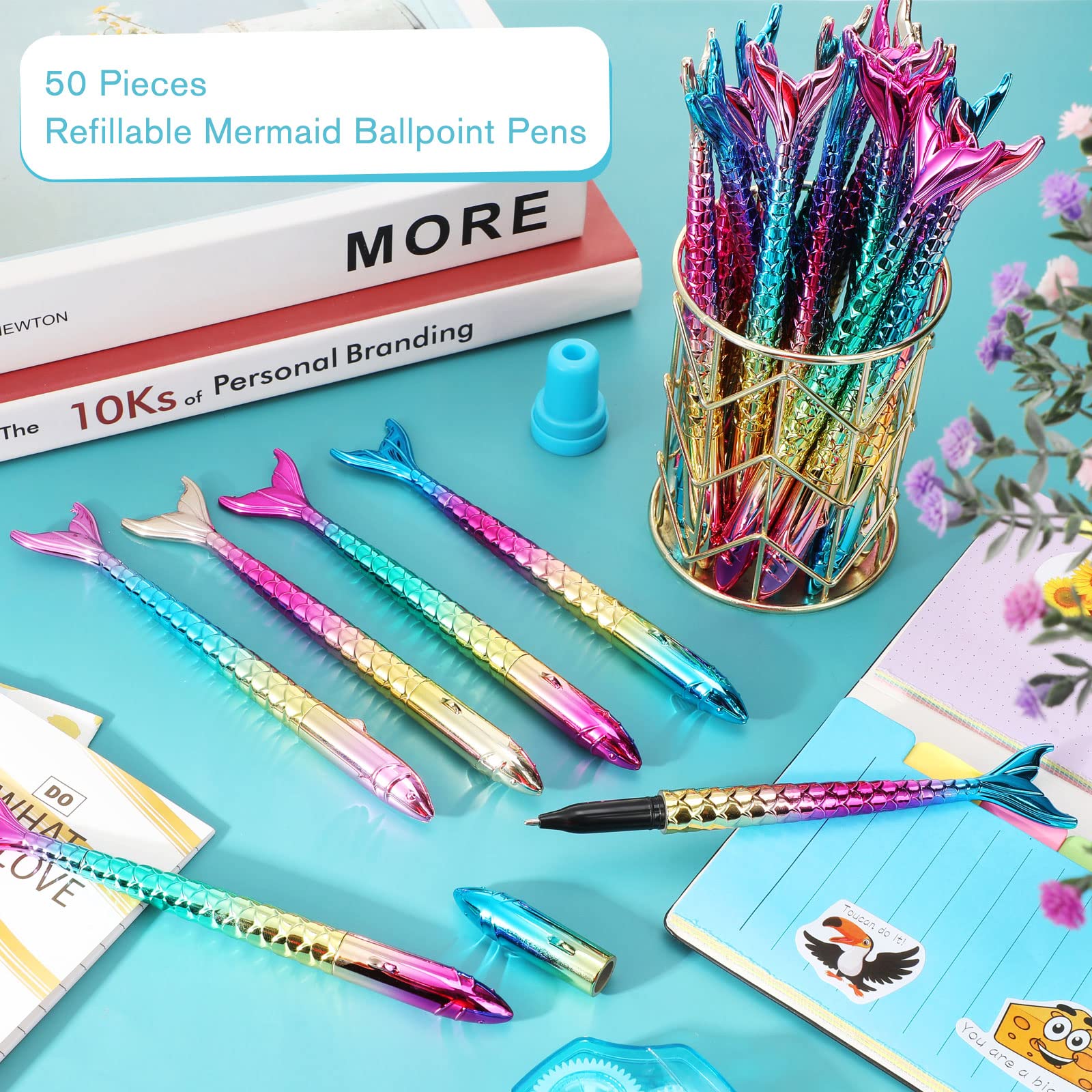 50 penne a forma di sirena, ricaricabili, con inchiostro gel nero, penne a forma di sirena, penne colorate a forma di pesce, per scuola, casa, ufficio, cancelleria, per bambini, ragazze, donne, regalo