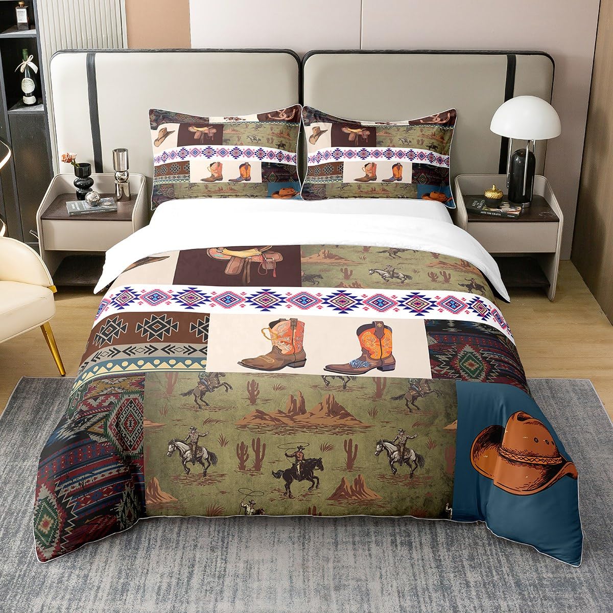 richhome Cowboy Boot Hat 100% Cotton Duvet Cover Retro Boho Tribal Plaid Stripes Bedding Set for Kids Teens Adults Horse Animal Western Style Comforter Cover with 2 Pillowcases Super King Size 3 Pcs