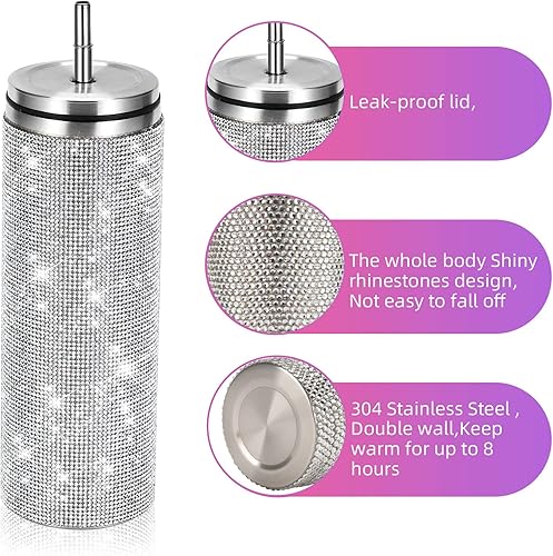 Miniatura 4 de Botella de agua con purpurina, vaso brillante de 20 onzas, botella de agua con diamantes de imitación de acero inoxidable con tapa y pajilla, regalo