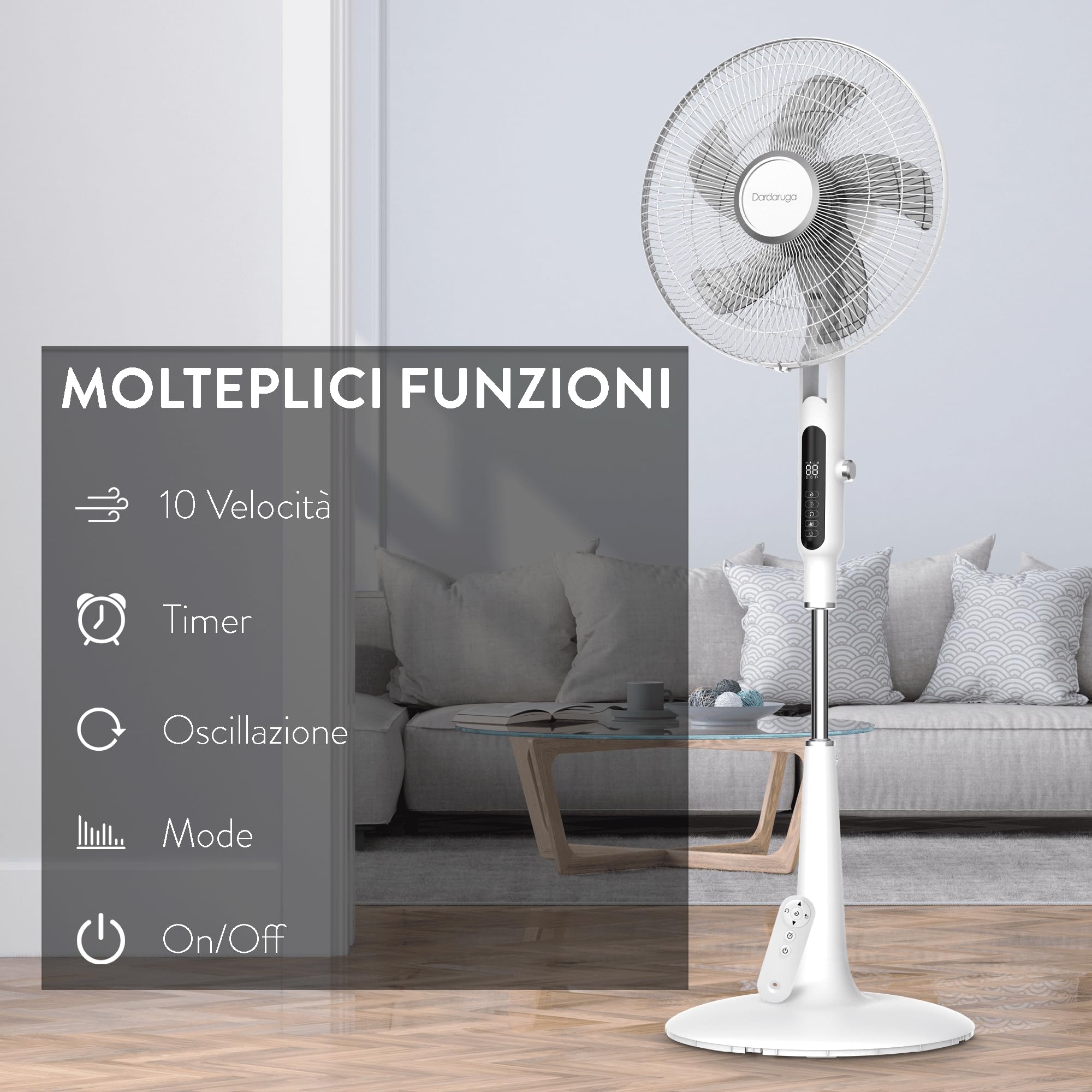 Ventilatore a Piantana Premium, Ultrasilenzioso, Touch Screen a sfioro, Night Mode, Antizanzare, Timer, Telecomando, Risparmio Energetico, Altezza Regolabile, Oscillazione, Design BIANCO
