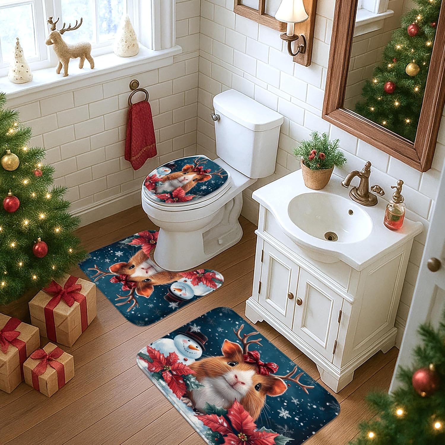 4PCS Winter Christmas Guinea Pig Bathroom Sets with Non-Slip Rug, U Shape Toilet Lid Cover Mat, Snowman Xmas Animal Pet Bathroom Decoration 72''x72''