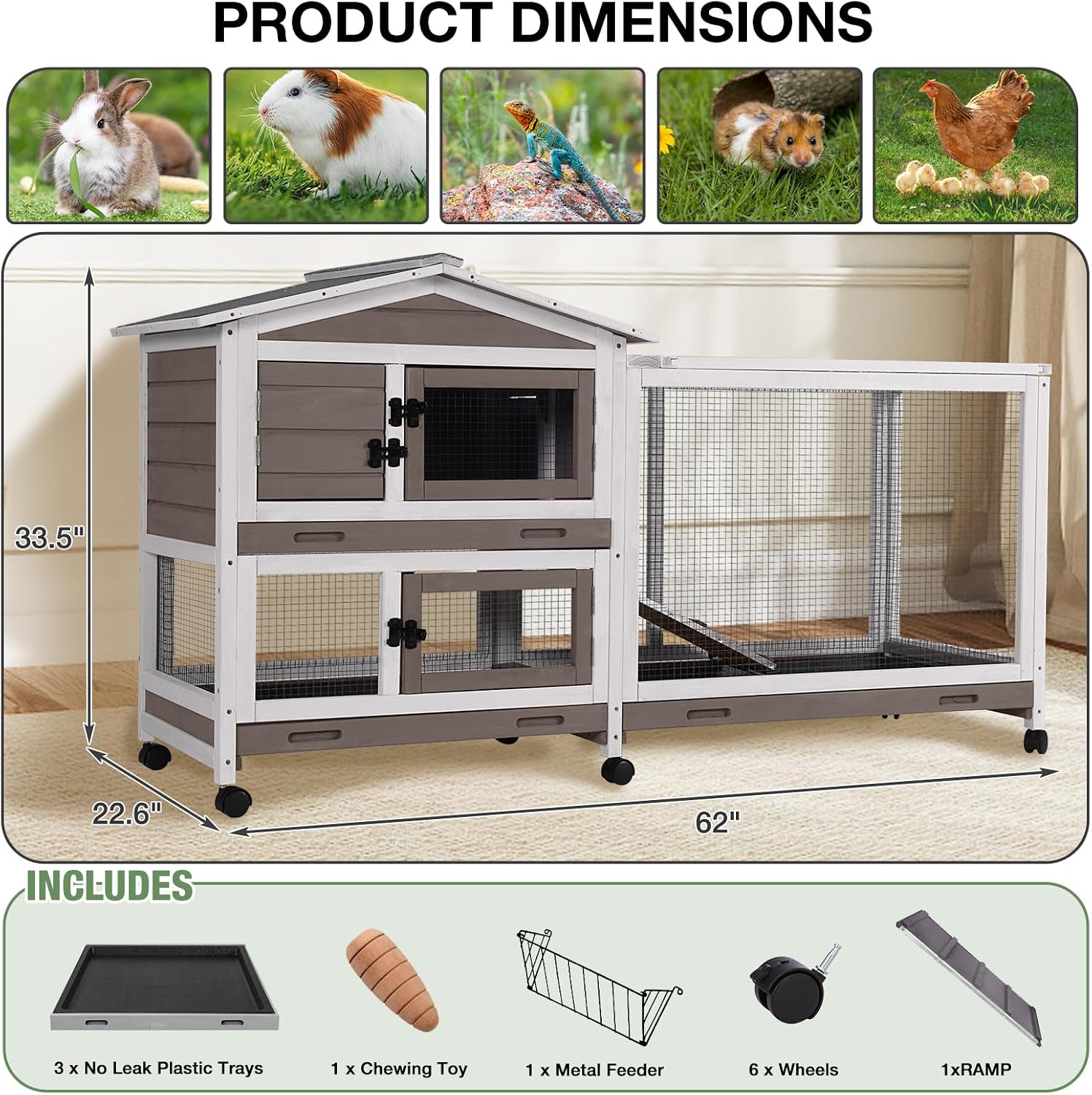 62″ 2-Story Large Rabbit Hutch with Chew-Proof Ramp, 3 Leakproof Trays, Waterproof Roof, 6 Lockable Wheels for Rabbits & Guinea Pigs (Brown)