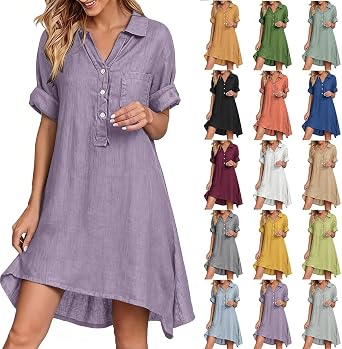 Womens Summer Linen Dresses Short Sleeve V Neck Button Down Gauze Midi Dress Boho Flowy Lounge Sundress 2026