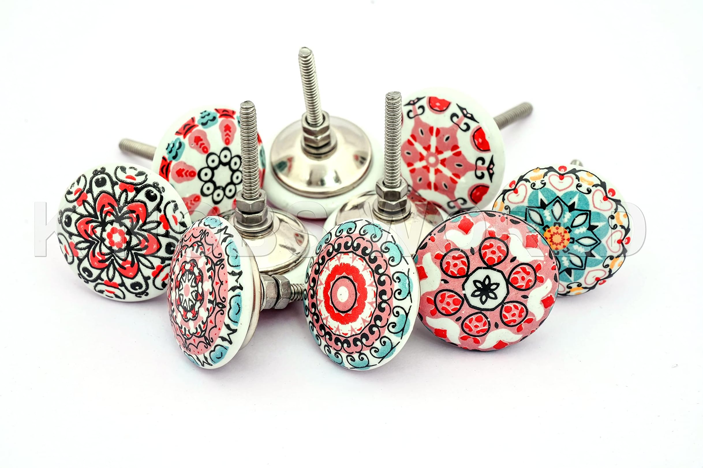10 x Mix Vintage Look Flower Ceramic Knobs Door Handle Cabinet Drawer Cupboard Pull Mandala Design (Pink)