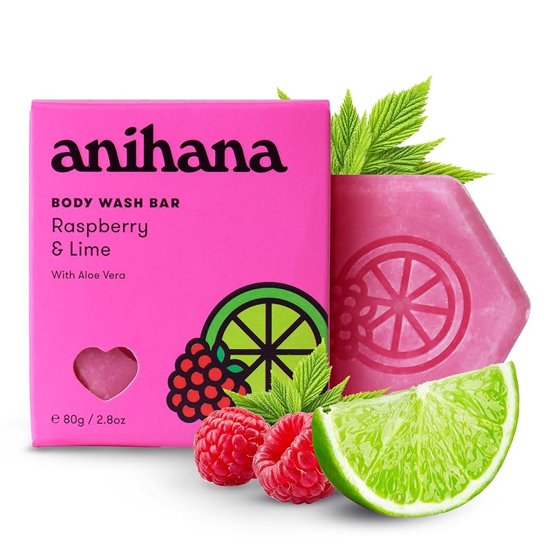 ANIHANA Barra de sabonete corporal com óleo de coco e aloe vera, fragrância de framboesa e limão, 80 g