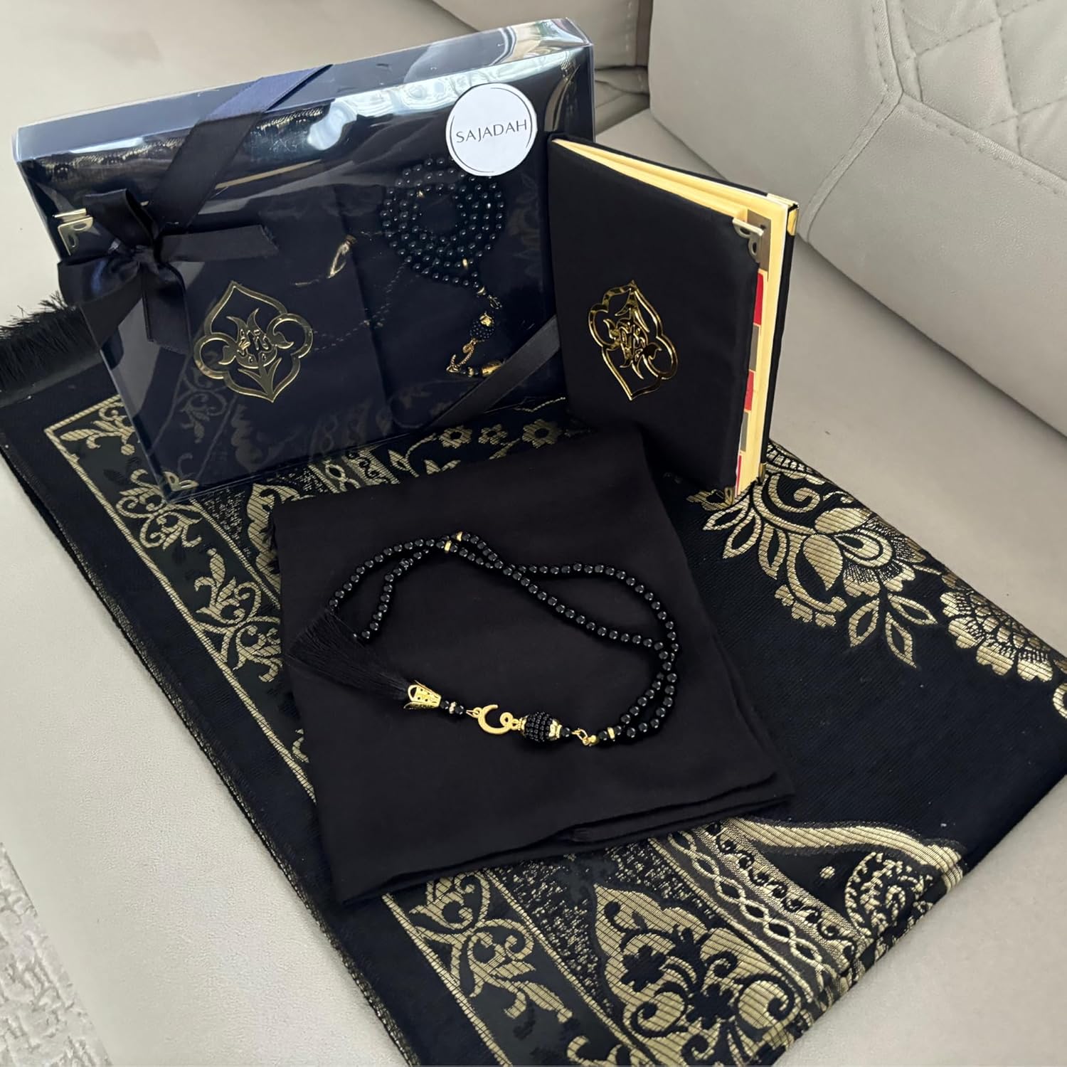 SAJADAH Muslim Prayer Rug Set - 4 in One Islamic Gifts Set, Prayer Mat, Prayer Beads, Hijab, Surahs Book,Eid Gifts