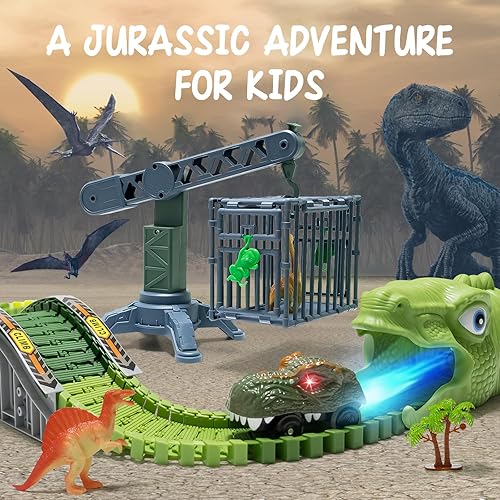 Miniatura 6 de Juguetes de dinosaurio, 309 piezas de juguete de tren de carreras de dinosaurios con 4 autos de dinosaurio, 6 juguetes de dinosaurio, 270 pistas,