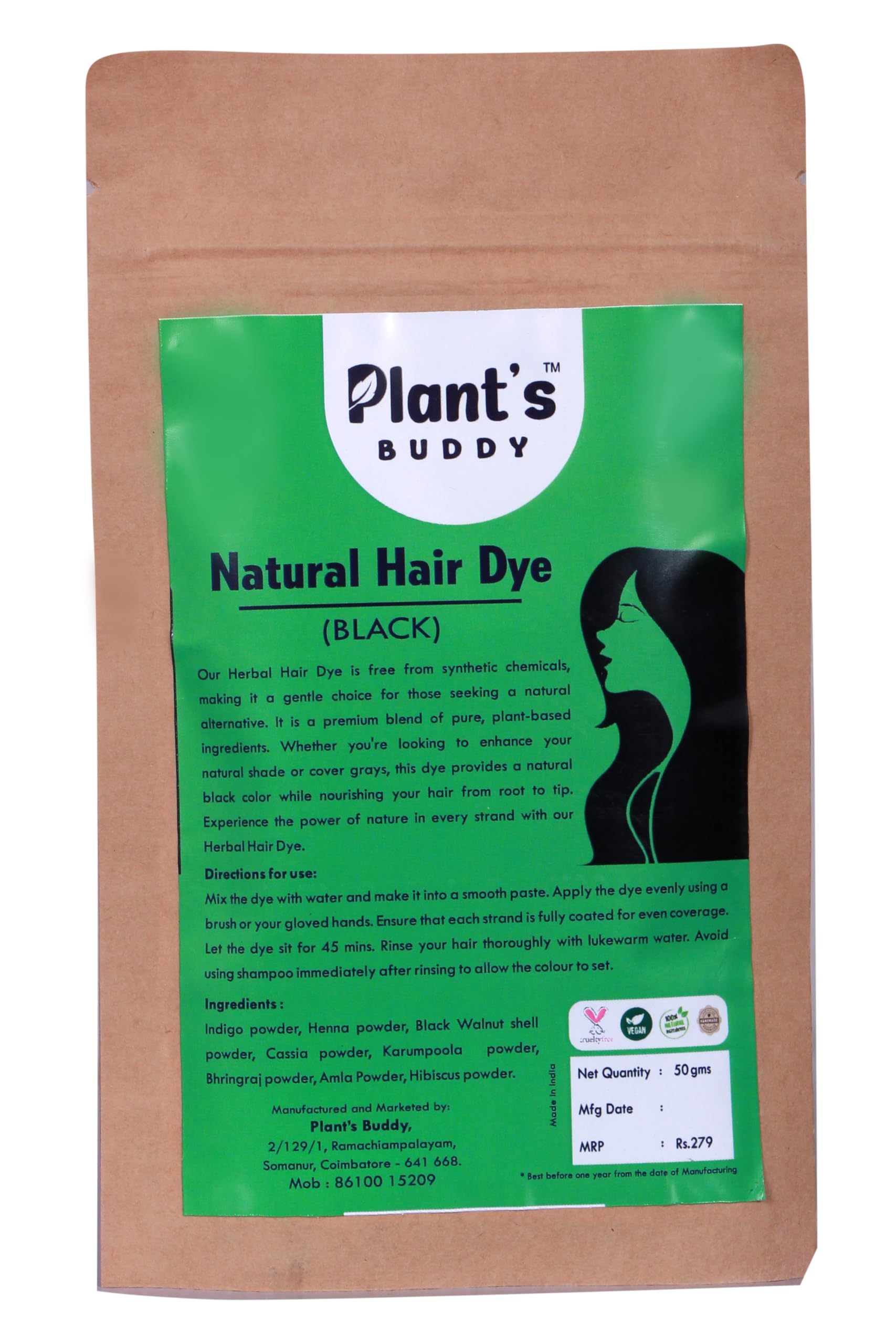 Natural Hair Dye (BLACK) - No Ammonia, No PPD, No Chemicals - 100% Plant-Based - For Men and Women - No Side-effects - 50 gms