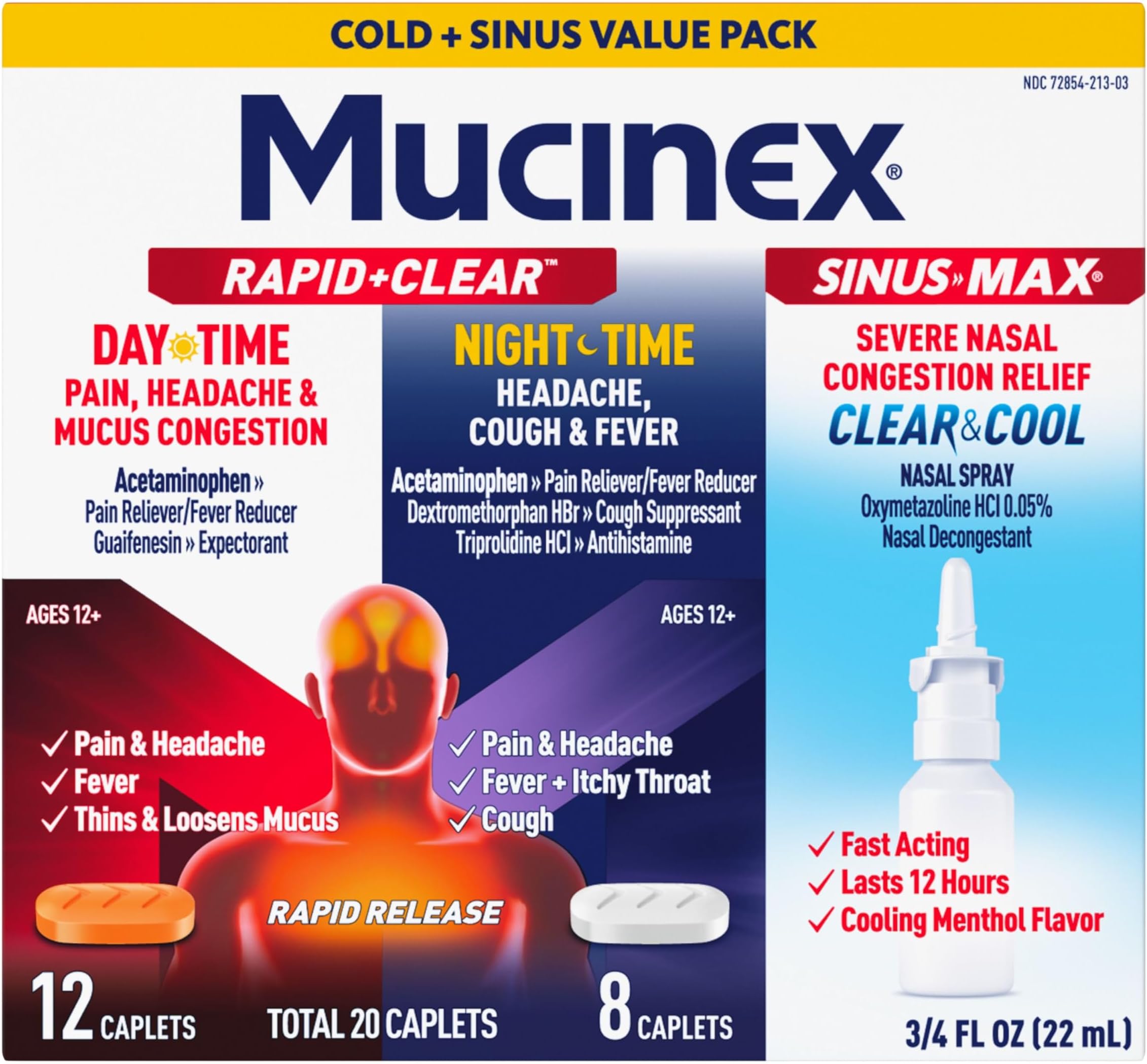 Rapid+Clear Maximum Strength Day & Night Cold and Flu Medicine for Adults (20 caplets) + Sinus Pressure Relief Nasal Spray (0.75 oz), Over-The-Counter Medication Combo Pack for Symptom Relief