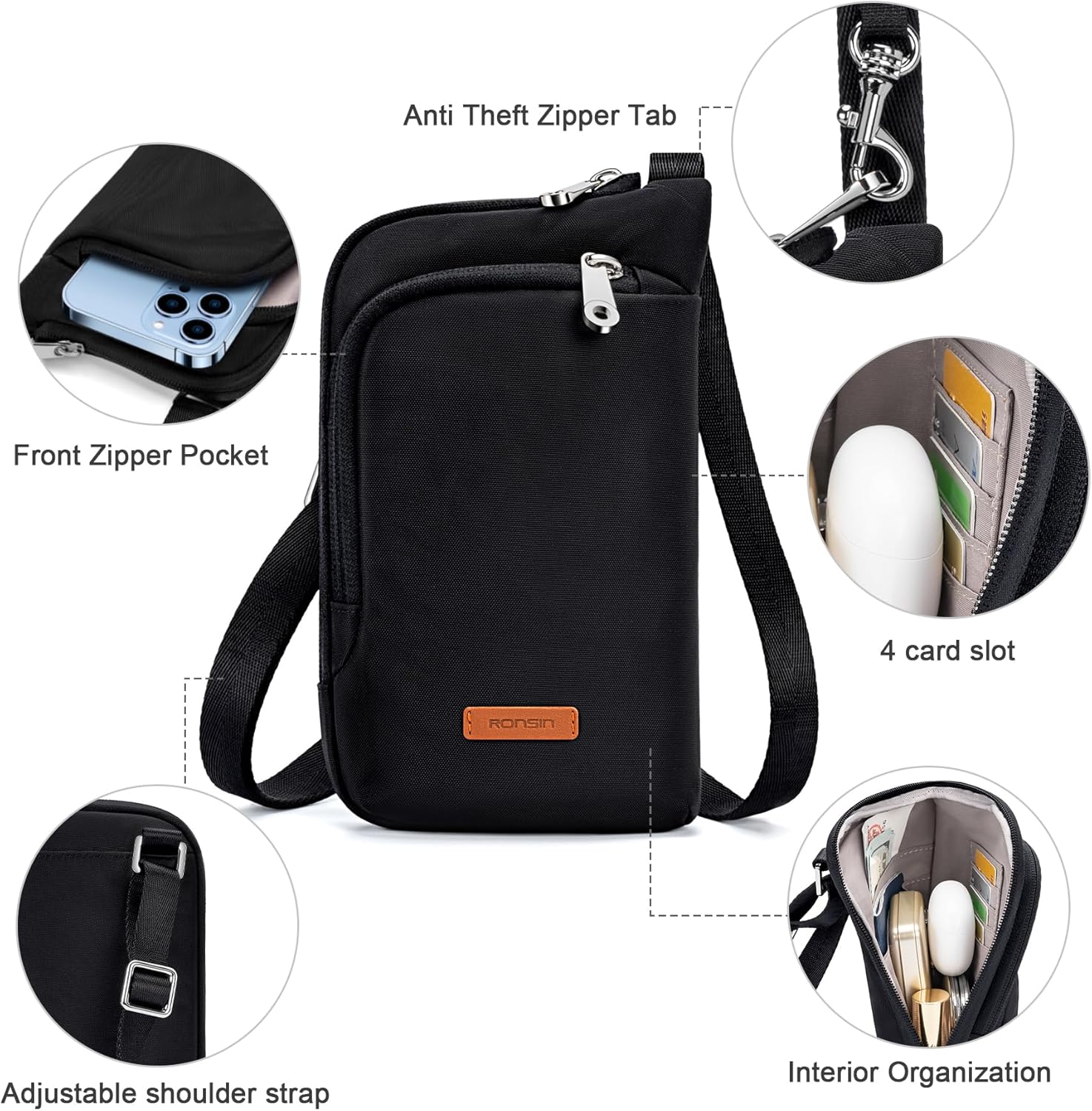 RONSIN Anti Theft Nylon Crossbody Bag Cell Phone Purses Wallet Travel Pouch Shoulder Strap with Locking Zipper