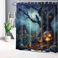 Vista 18 de HVEST Cortina de ducha de Halloween, linterna de calabaza y gnomo, cortina de ducha de baño, cortina de ducha de murciélago y araña, decorativa