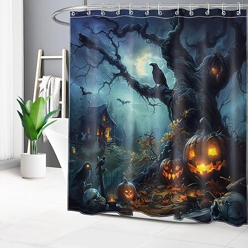 Miniatura 18 de HVEST Cortina de ducha de Halloween, linterna de calabaza y gnomo, cortina de ducha de baño, cortina de ducha de murciélago y araña, decorativa