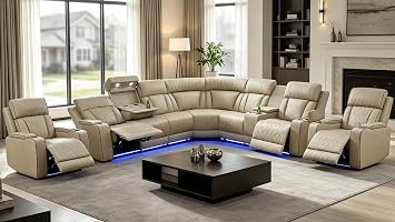 Power Recliner Sectional Couch with LED Light,Leather Sectional Couches Set, Living Room Furniture Sets,Power Reclining Sofa Sets with Cup Holder for Home Beige, Sectional+2Chair