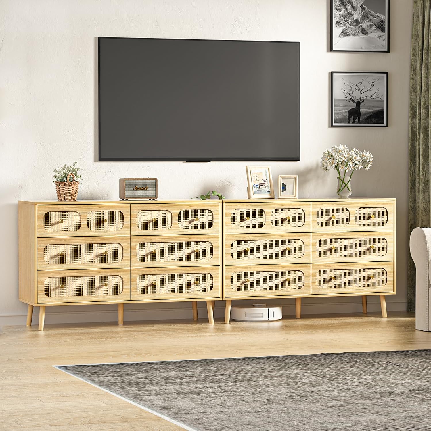 Rattan Dresser for Bedroom, Boho 6 Drawer Double Dresser with Gold Handles, Natural Wood Storage Dressers & Chest of Drawers, 6 Drawer Dressers