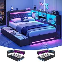 Full Corner Bed Frame with Storage Bookcase,4 Drawers & Charging Station
