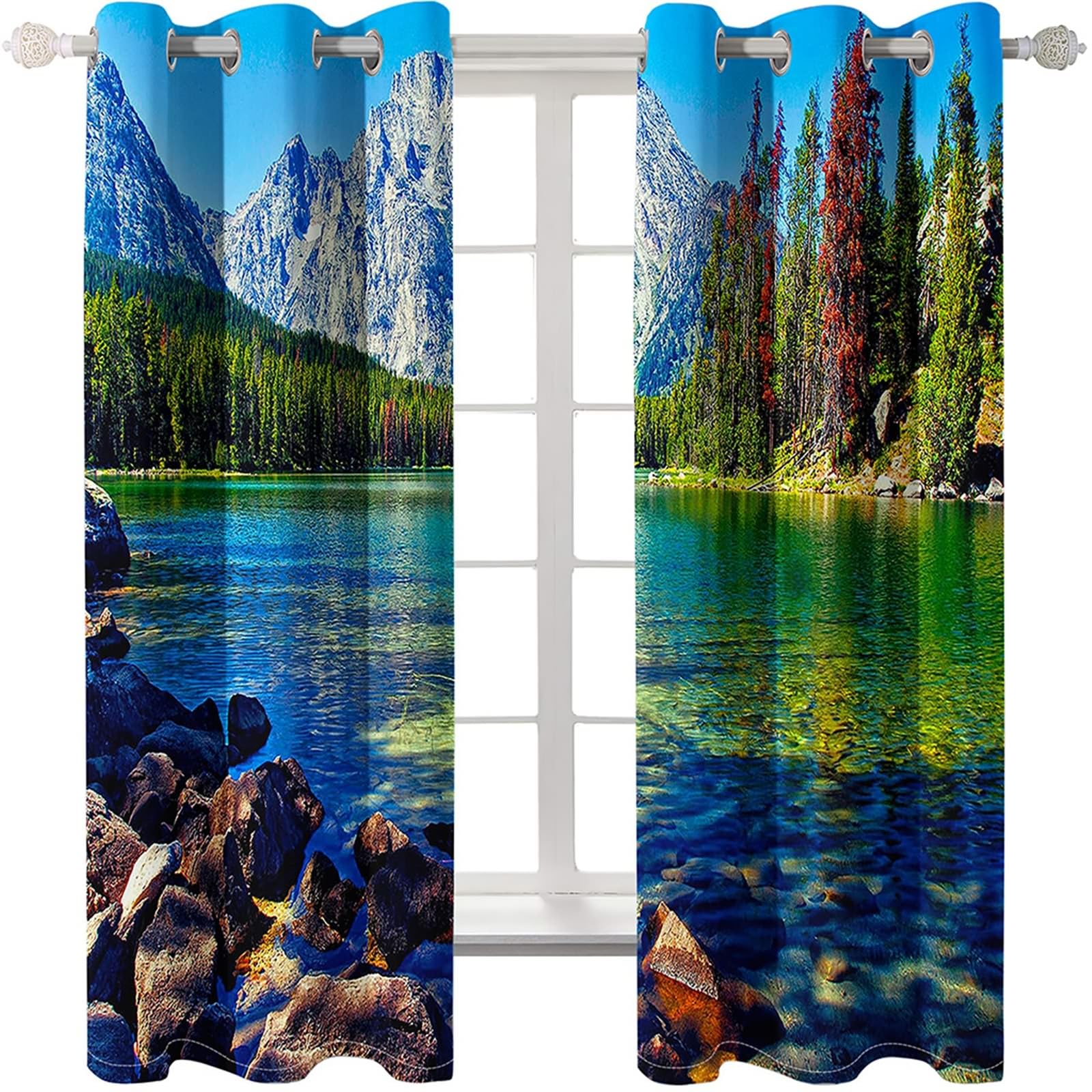 Gualiy 2er Set Vorhänge Blickdicht, Gardinen 86x183 See Natur Berglandschaft Gardinen Vorhang, Blau Grün