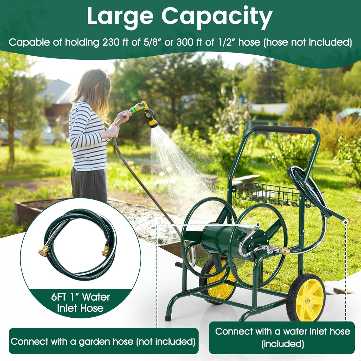 Goplus Garden Hose Reel Cart, 230 FT of 5/8" Large Capacity, Heavy-Duty Metal Hose Cart w/ 2 Wheels, Storage Basket, Portable Water Hose Organizer for Outside Yard, Outdoor Planting Tool (Green)