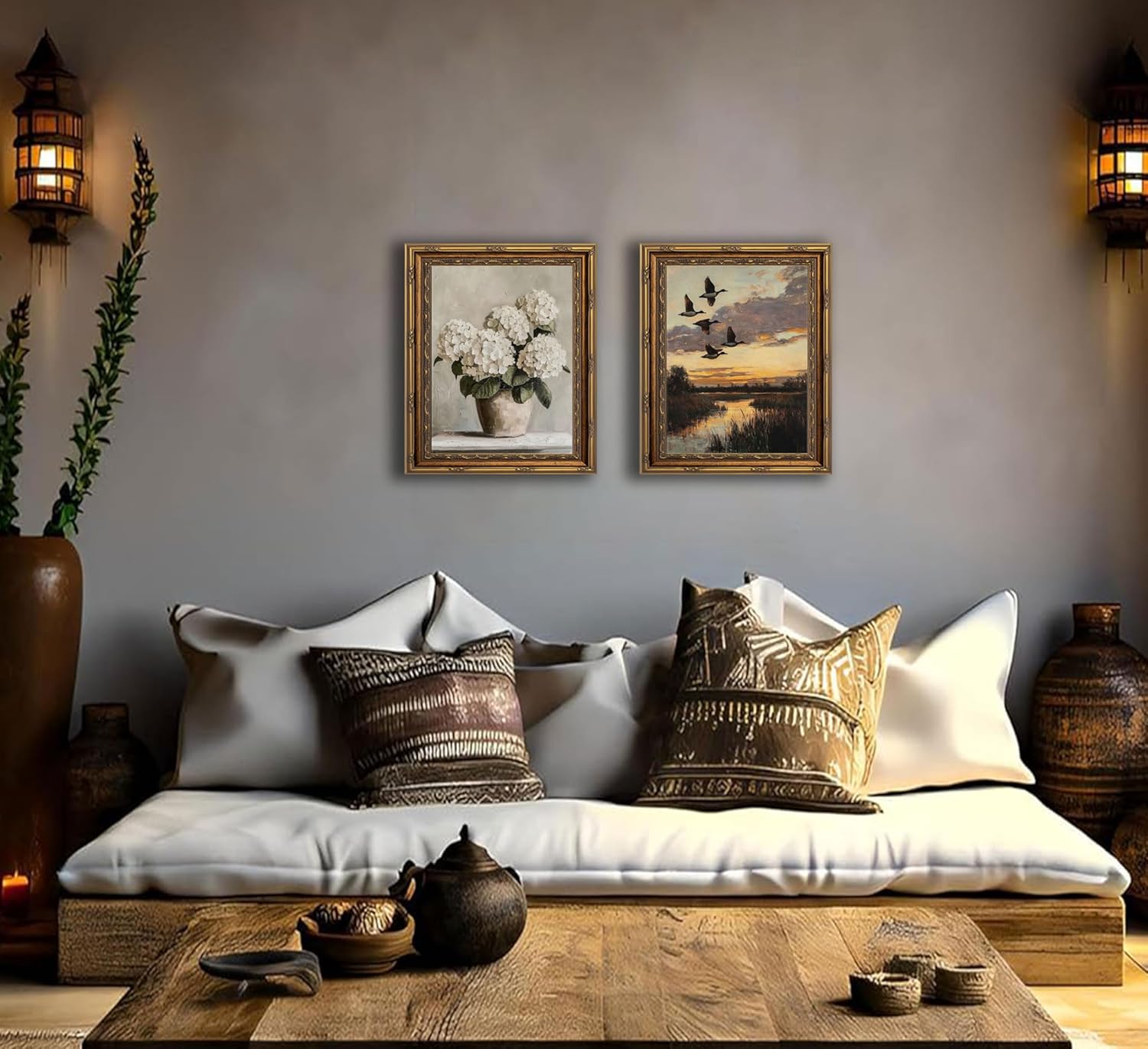 Vintage Gold Framed Wall Art Hydrangea Floral Wall Decor Retro Farmhouse Pictures Floral Posters Country Style Prints Canvas For Bedroom Bathroom Office Kitchen