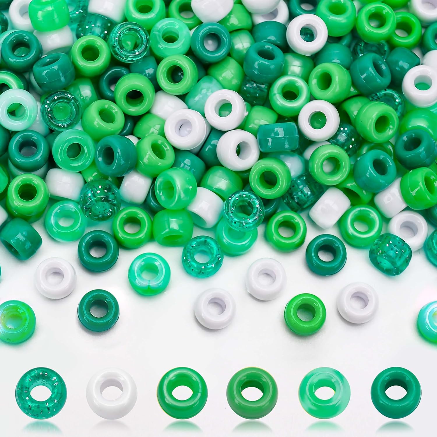 1000PCs 6x9mm Pony Beads Bulk, Assorted Green Colors Plastic Kandi Craft Beads for Jewelry Making Friendship Bracelets Hair Braiding Keychains Scoubidou Loom Bands DIY Crafts