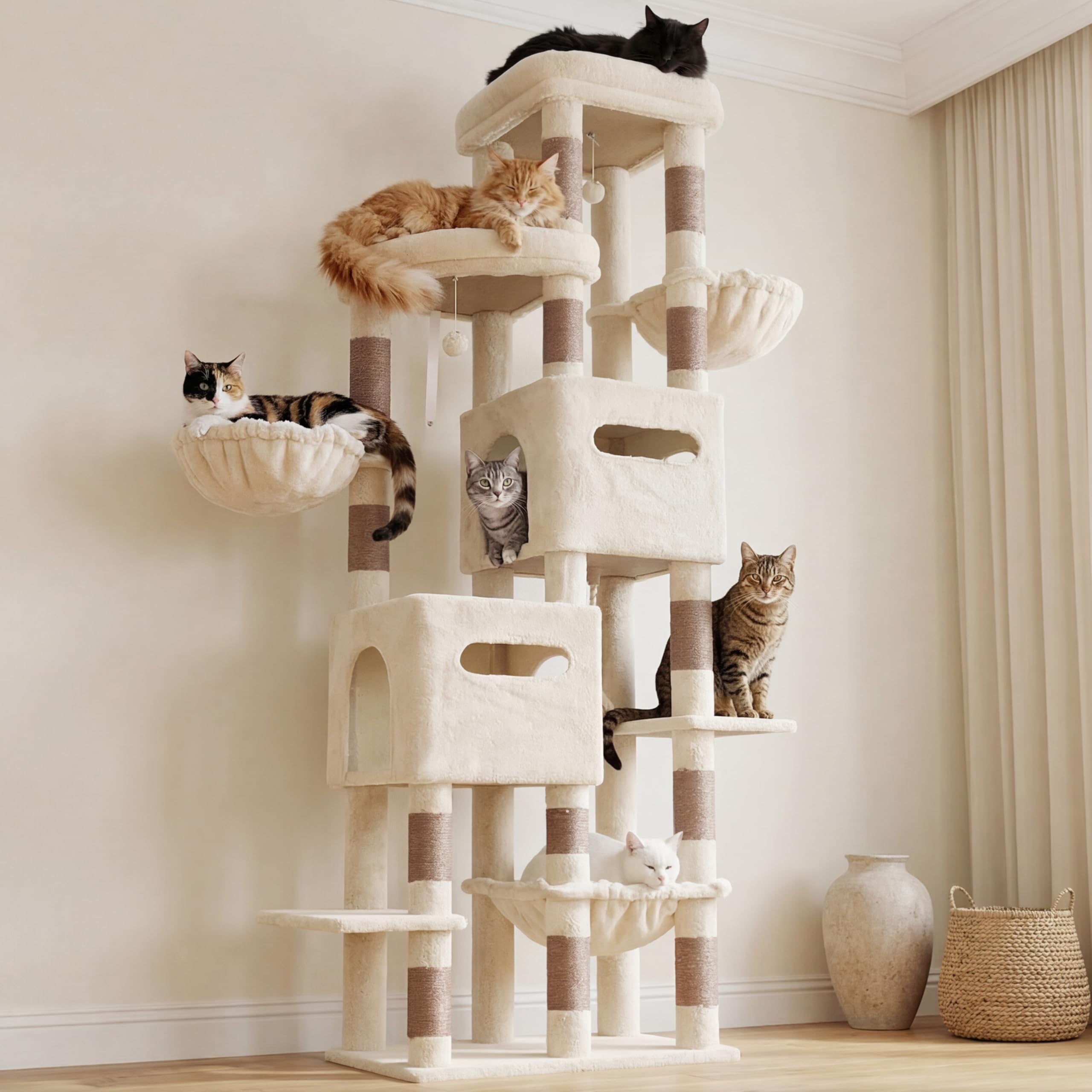 Heybly Árbol Rascador para Gatos Grandes, 190 cm Rascador para Gatos XXL, Torre Alta y Espaciosa con Amplia Plataforma Superior, Base Estable, 2 Casitas, Hamaca y Postes de Sisal, Beige HCT062MJ