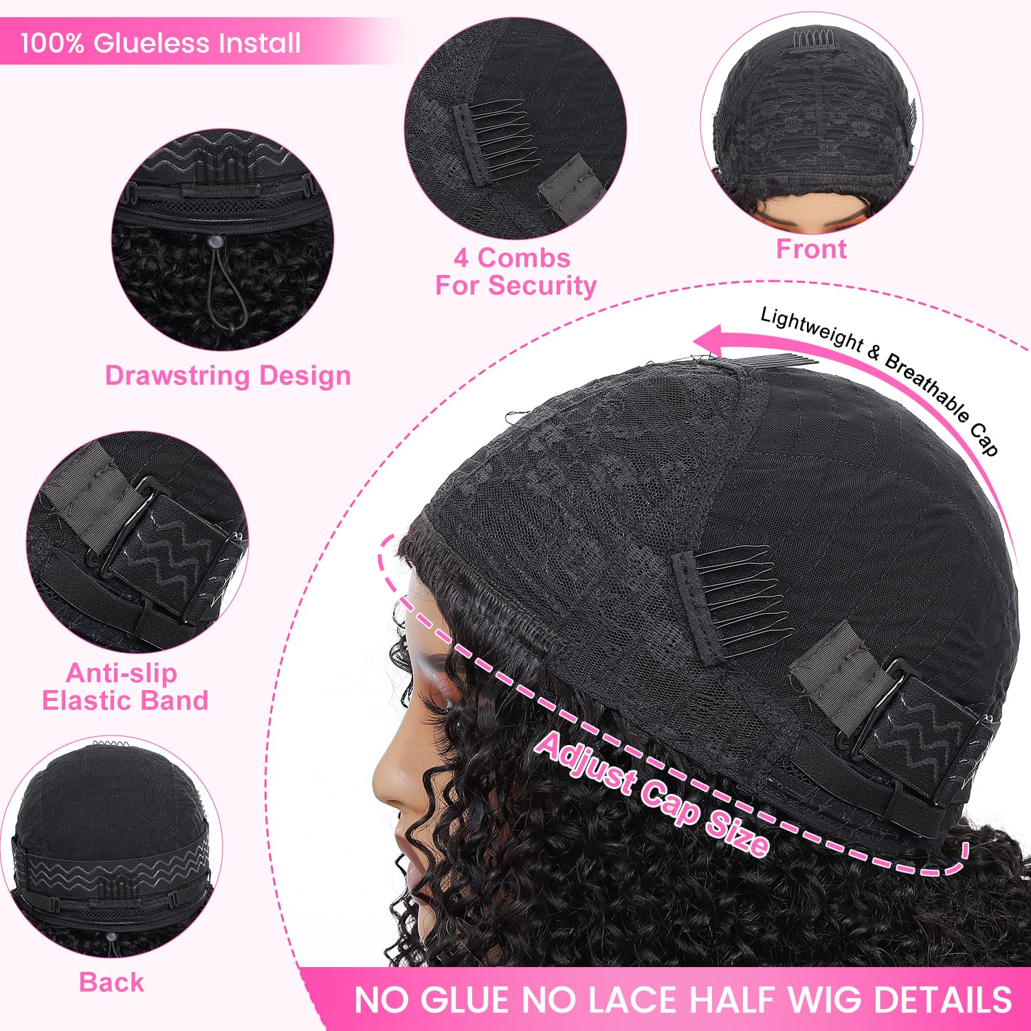 DSY Curly Half Wig Human Hair 280 Density Kinky Curly Half wig Wear and Go Glueless Wigs Human Hair 3 In 1 Seamless Flip Over with Drawstring Half Curly Human Hair Wig for Women Beginner Friendly