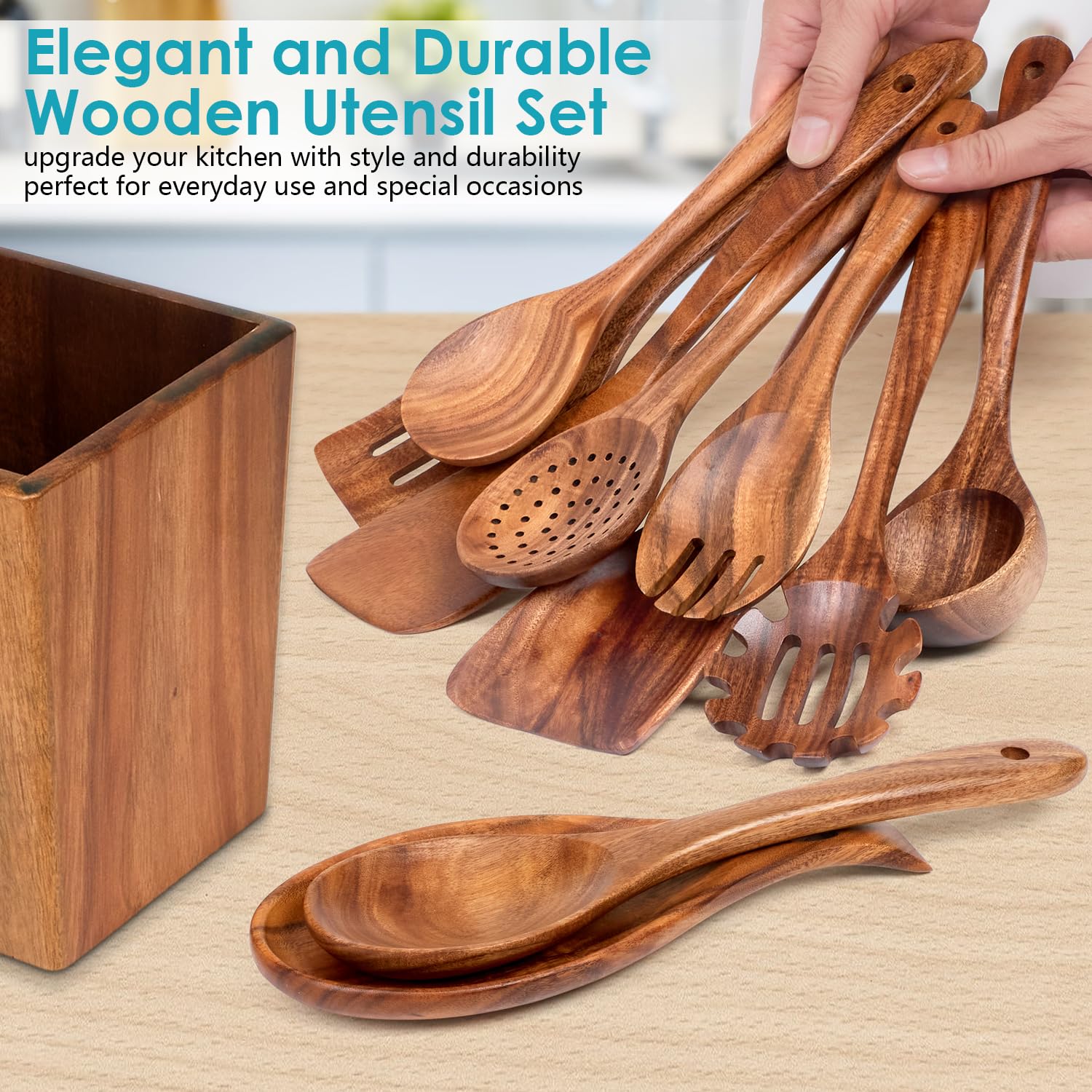 HOWHONG Ensemble d'ustensiles de cuisine en bois d'acacia – 11 cuillères en