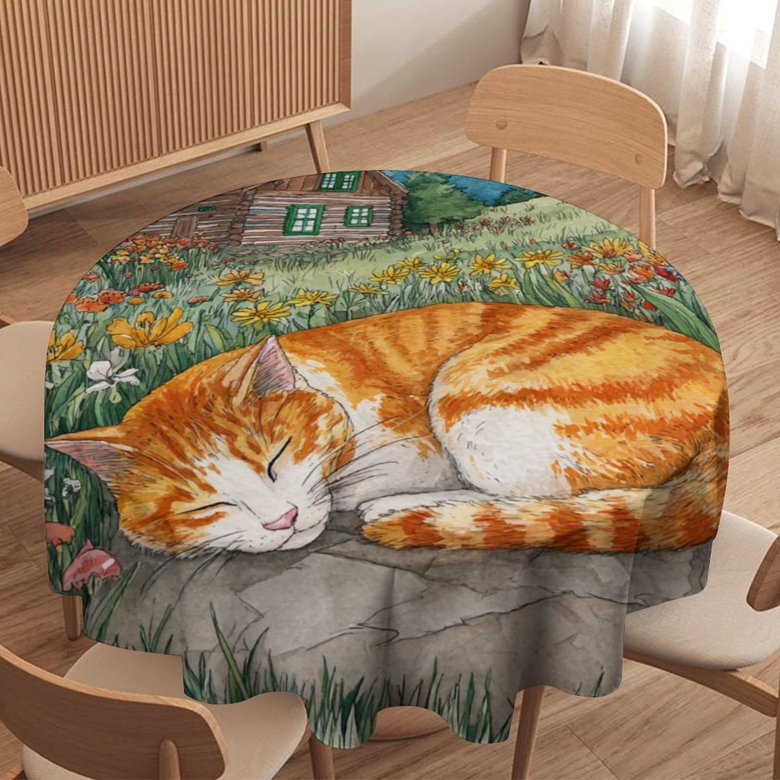 LUYYSKY Rustic Funny Cute Kitten Round Tablecloth Modern Colorful Spring Log Cabin Plants Flowers Animals Kitten Washable Decor for Table Cover for Kitchen-91.4" Wx91.4 L cm