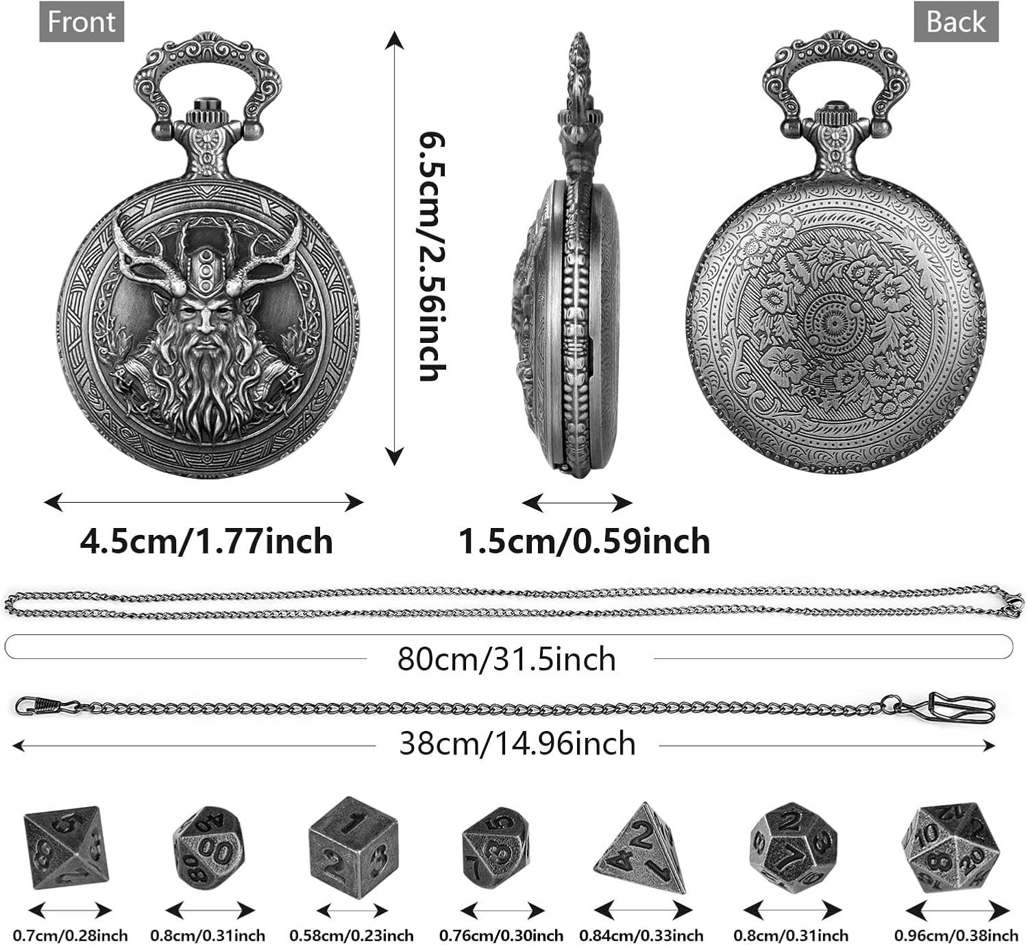 Mini DND Dice Set with Steampunk Druid Pocket Watch Case, Tiny 7-Piece Polyhedral Metal D&D Dice, DND Gifts with Gift Box, Role Playing Game Board Game Accessories Dice, Dark Silver