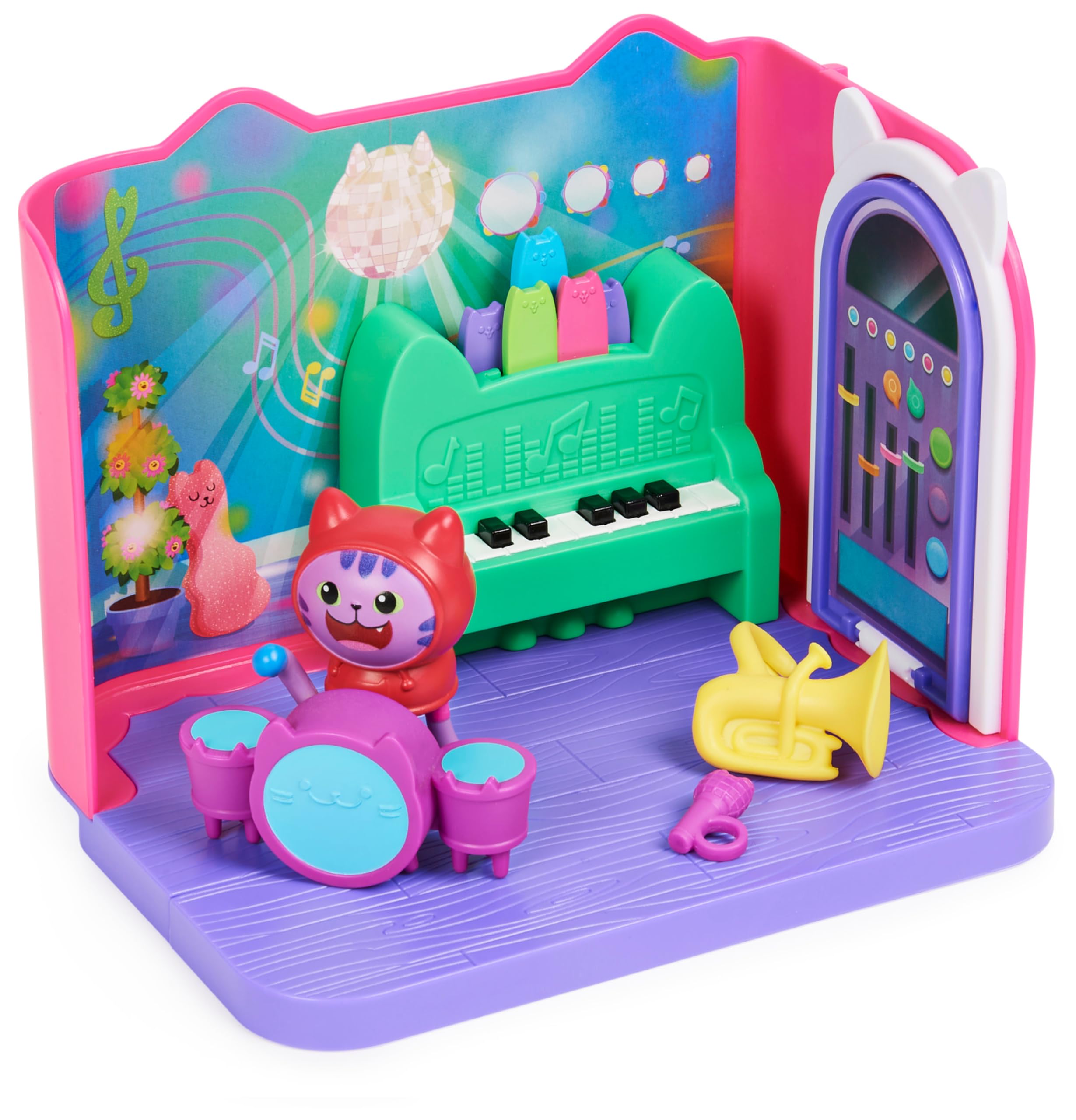 DREAMWORKS GABBY'S DOLLHOUSE - Deluxe Raum, Groovy Music Room, Musikzimmer mit DJ Katzenminze, 2 Möbelstücken und 2 Überraschungsboxen mit Zubehörteilen, ab 3 Jahren