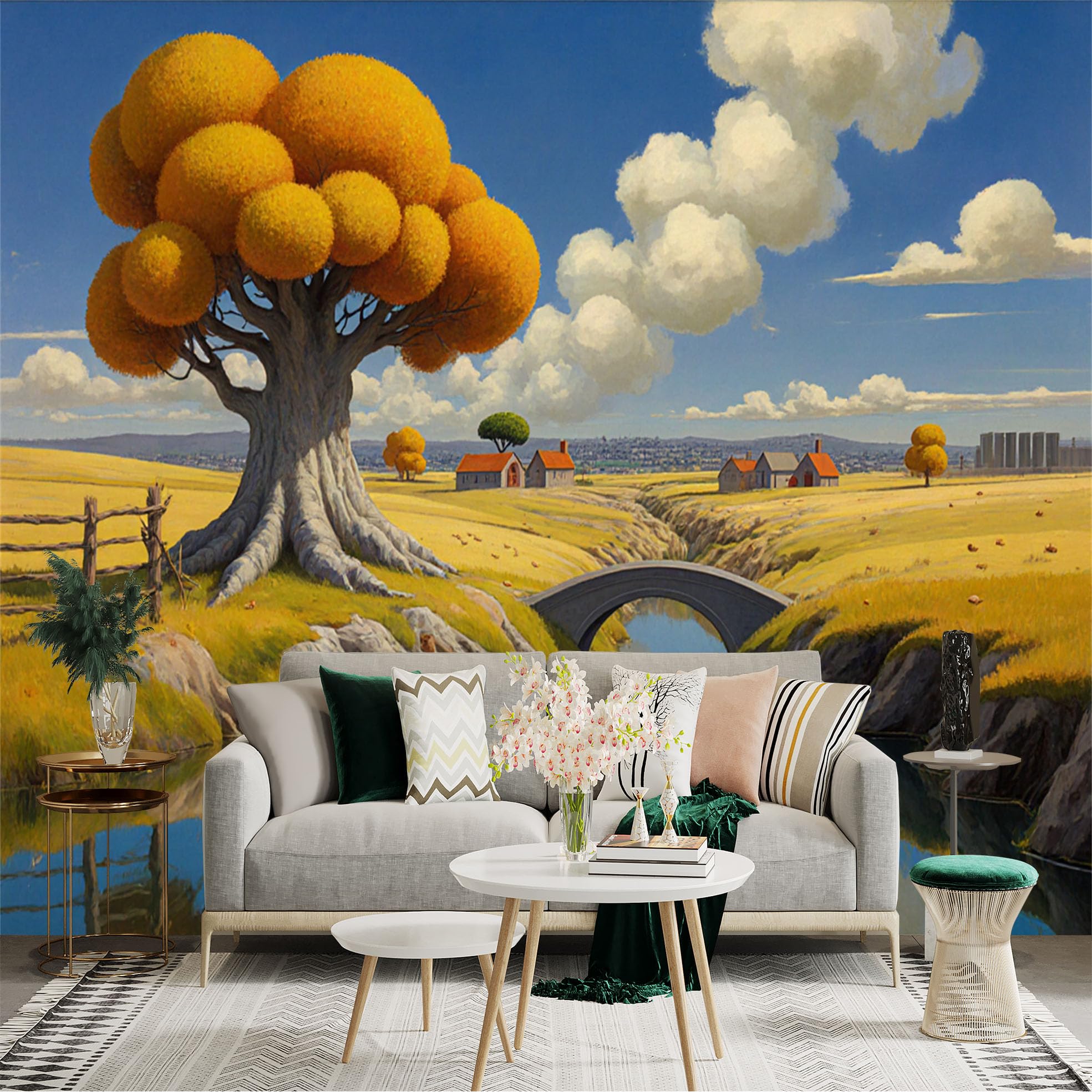 Lnzczhyre Xc260505626 Custom Size Wall Sticker Mural， Golden Autumn Tree By The River， Peaceful Countryside Scenery， Rural Landscape With Stone Bridge， For Wall Decoration， Peelandstick Wall Decals.