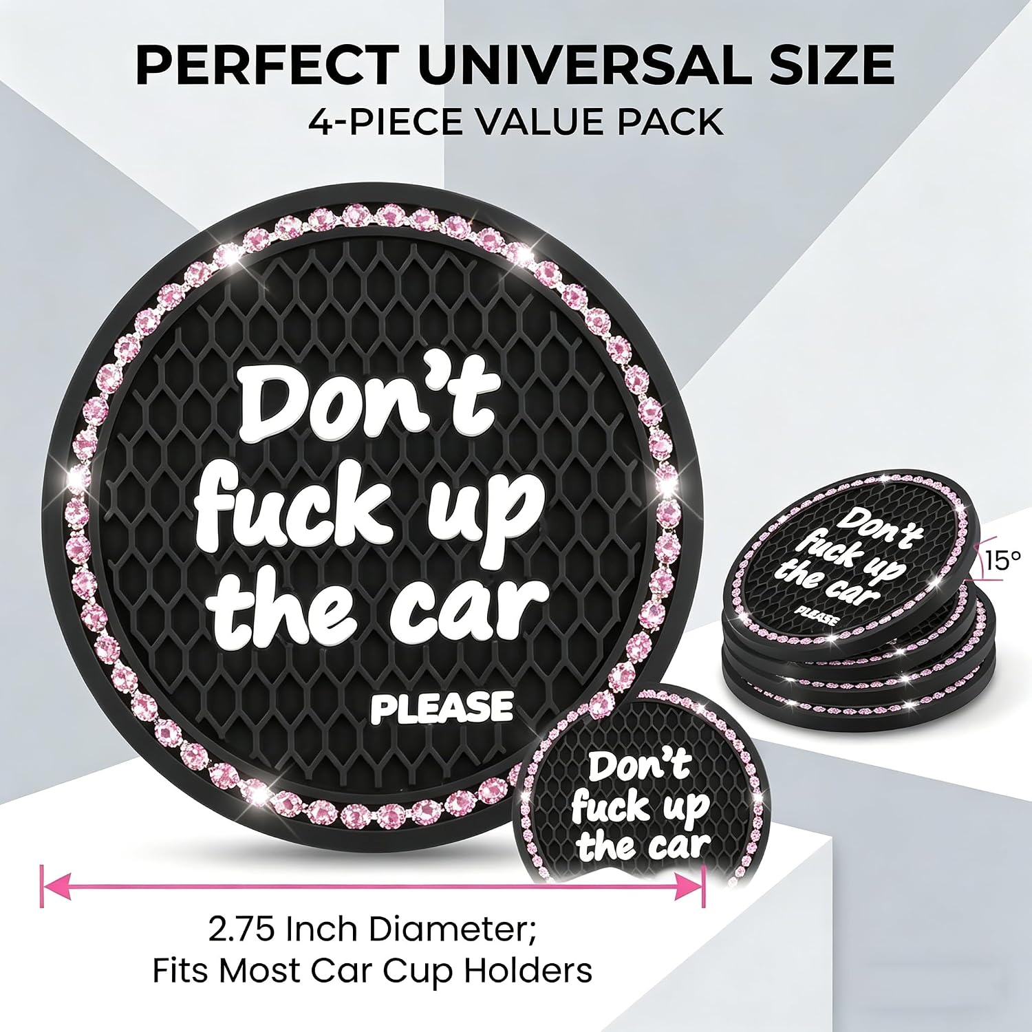 4 PCS Bling Car Cup Holder Coasters, Funny Statement Printed with Rhinestones, Non-Slip PVC Cup Mat, Universal for Most Cars, Trucks, SUVs (Pink) image 2