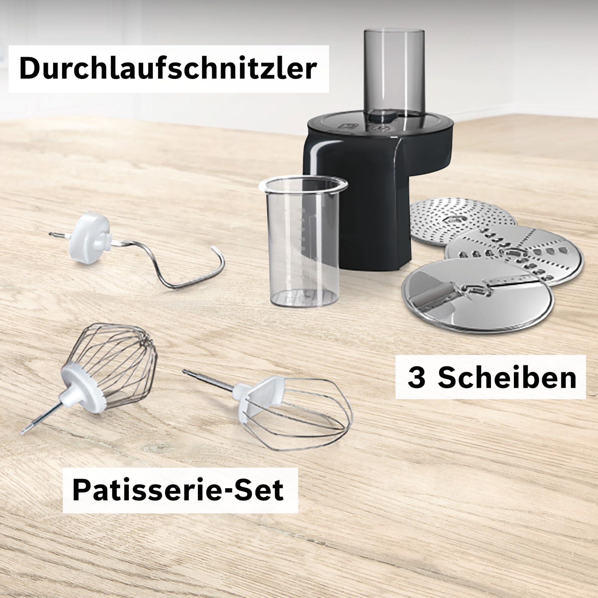 Bosch Robot de cocina MUM Serie 2 MUMS2EB01, cuenco de acero inoxidable de 3,8 L, agitador planetario, gancho para amasar, batidor, batidor de acero inoxidable, 3 discos, 700 W, negro