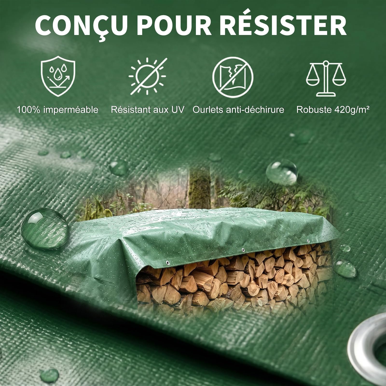 ele ELEOPTION 420g/m² Bâche PVC Lourde Vert, Toile Imperméable Résistante à la Déchirure, Résiste au Gel & Intempéries avec Œillets Renforcés, pour Jardin, Toit, Remorque, Bateau & Cure Béton(2 * 3m)