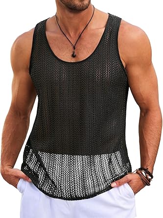 Runcati Mens Sleeveless Tank Tops Knitted Crochet See Through Hollow Out T-Shirts Muscle Summer Beach Hippie Shirts