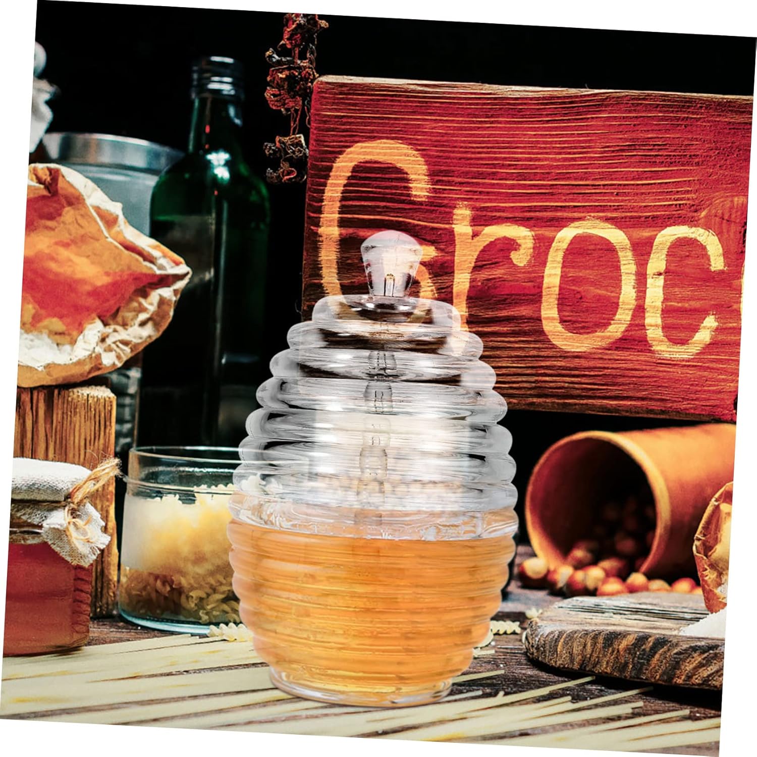 1 Set Syrup Honey Pot Stirring Home Clear Beehive Rod Jar Cover Reusable Lids Ml Kitchen with Household Lid Dipper Juice Sugar Acrylic Dispenser Ps Containers Container jar (Color : Tr (Colo